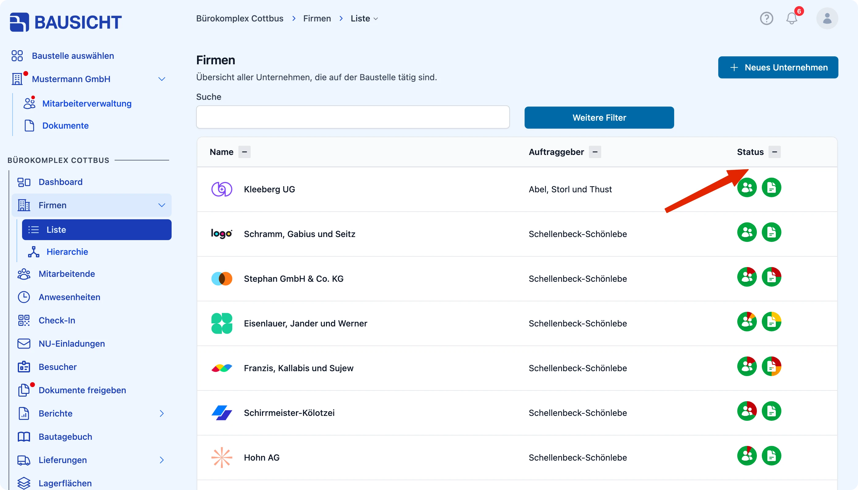 Ampel-Status in der Firmenliste