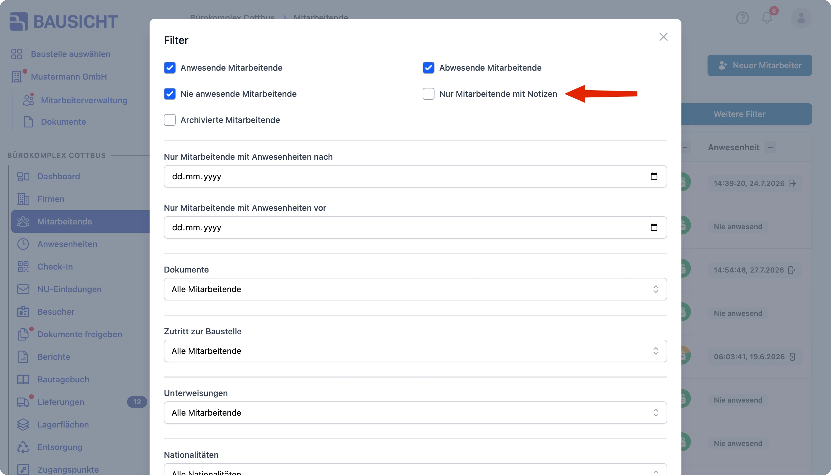 Dialog “Filter” mit den überarbeiteten Filtern