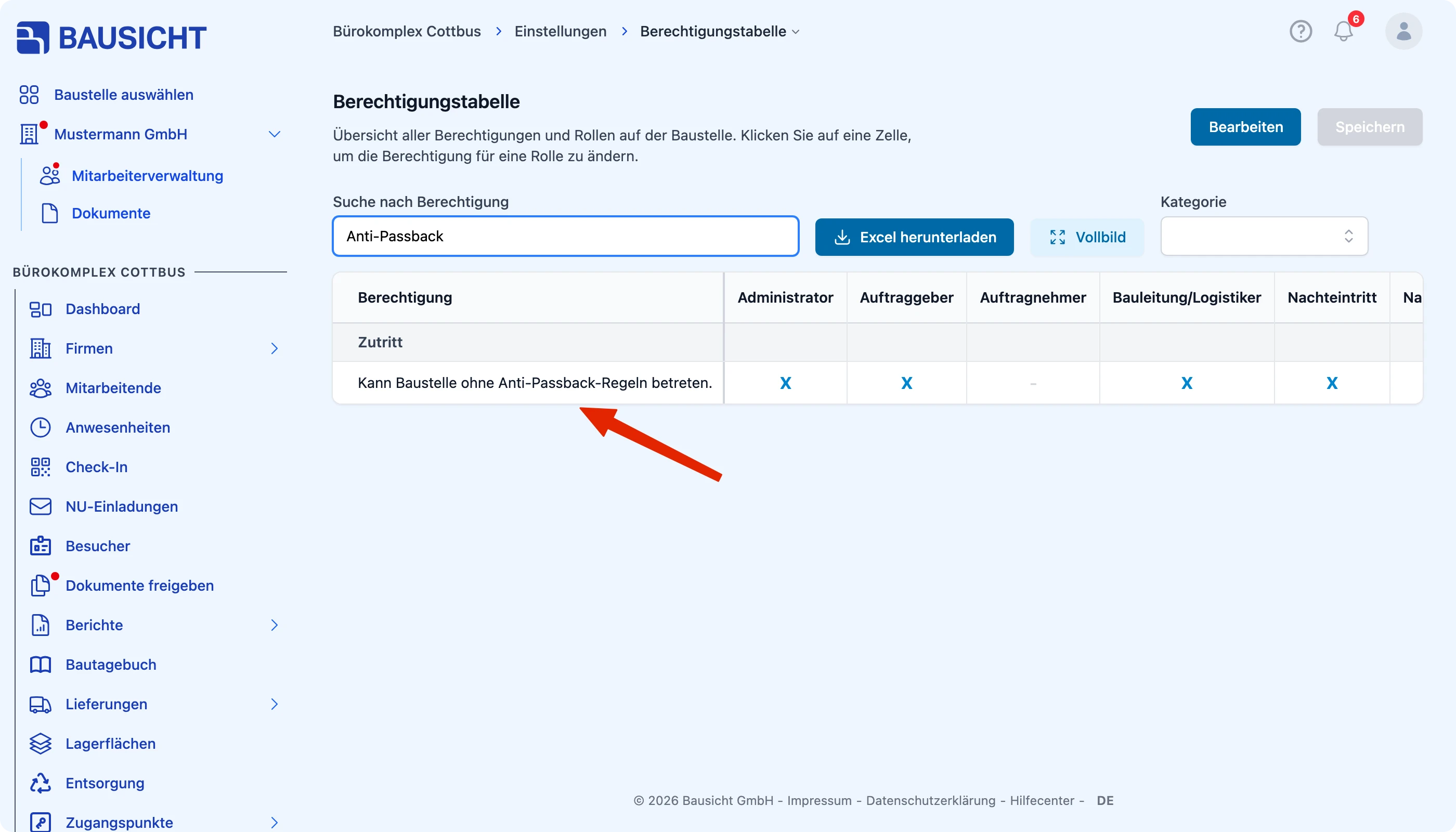 Anti-Passback-Berechtigung in der Berechtigungstabelle