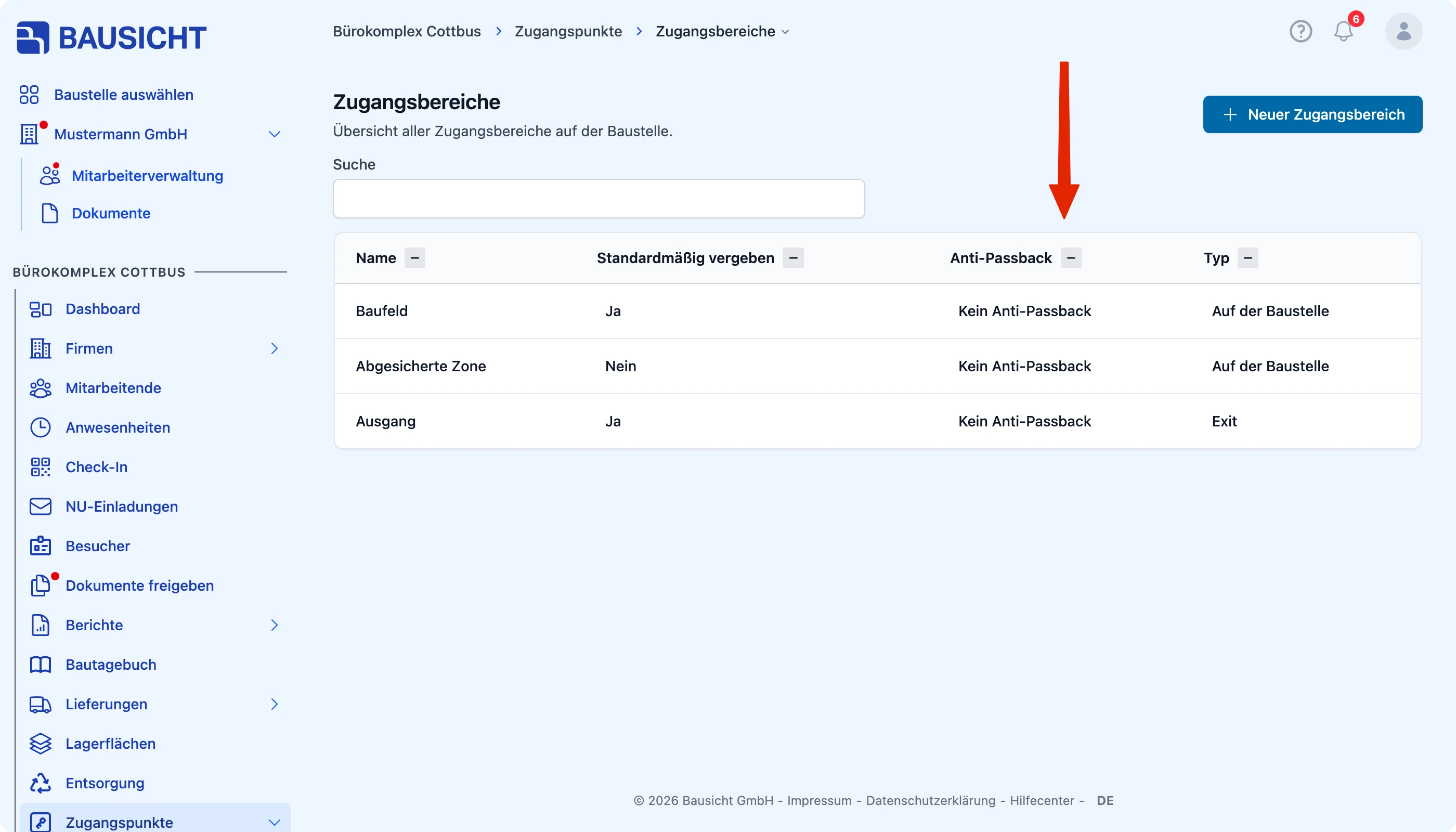 Spalte “Anti-Passback” in den Zugangsbereichen