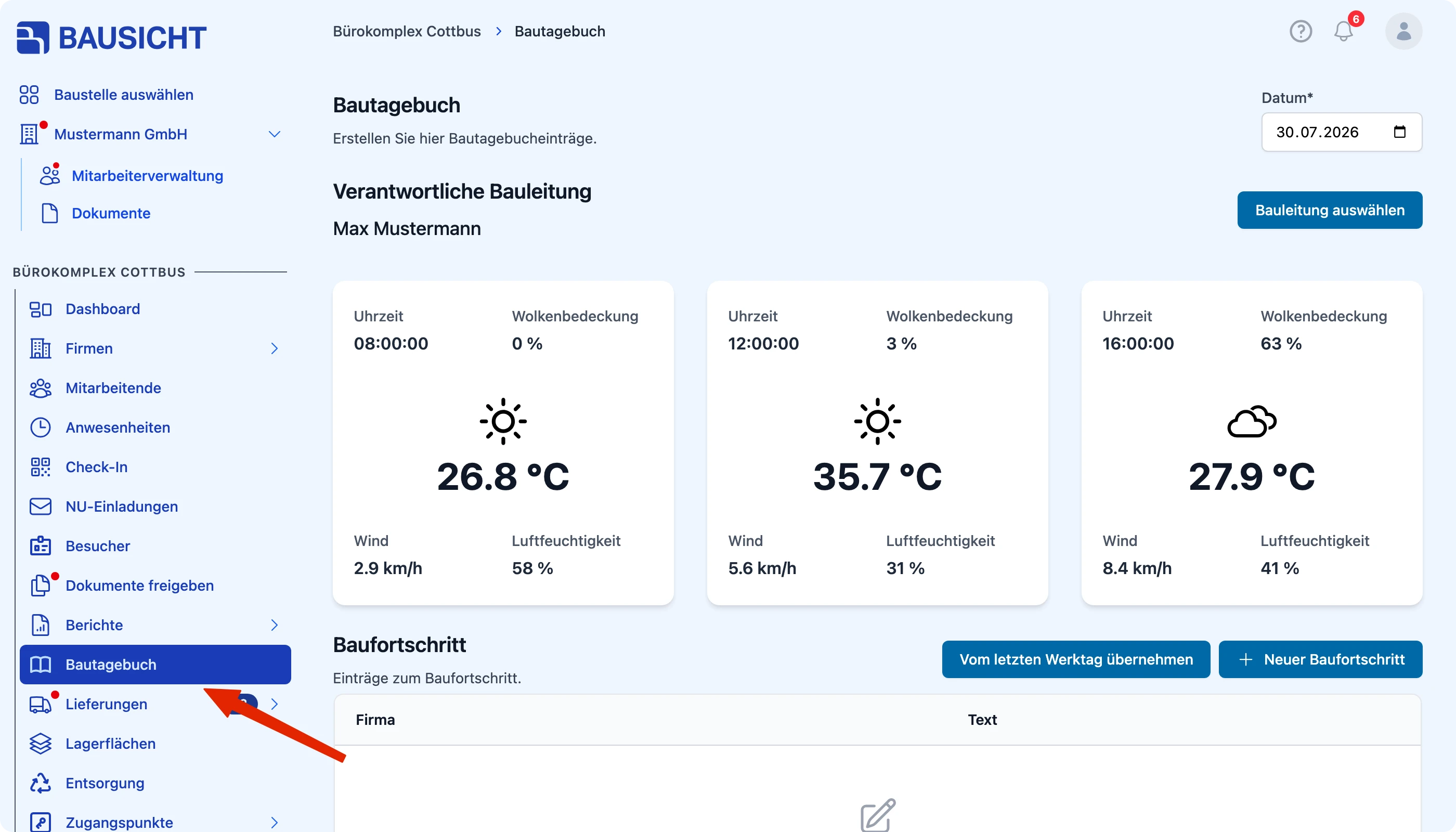 Bautagebuch in der linken Navigation öffnen