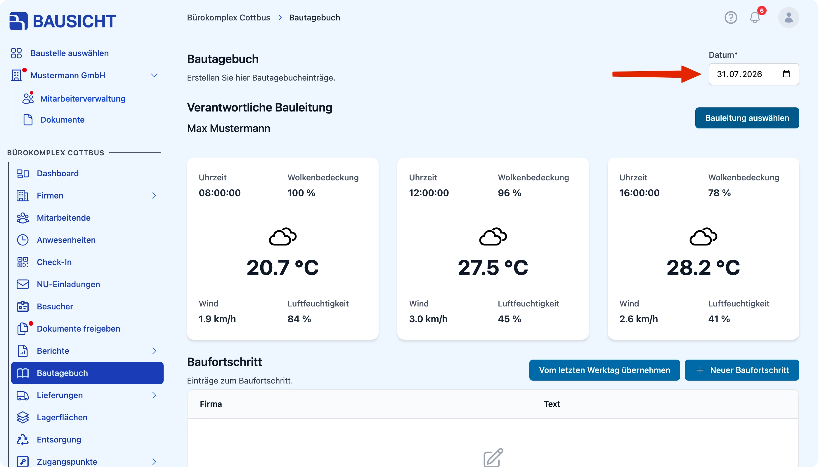 Datum des Bautags auswählen