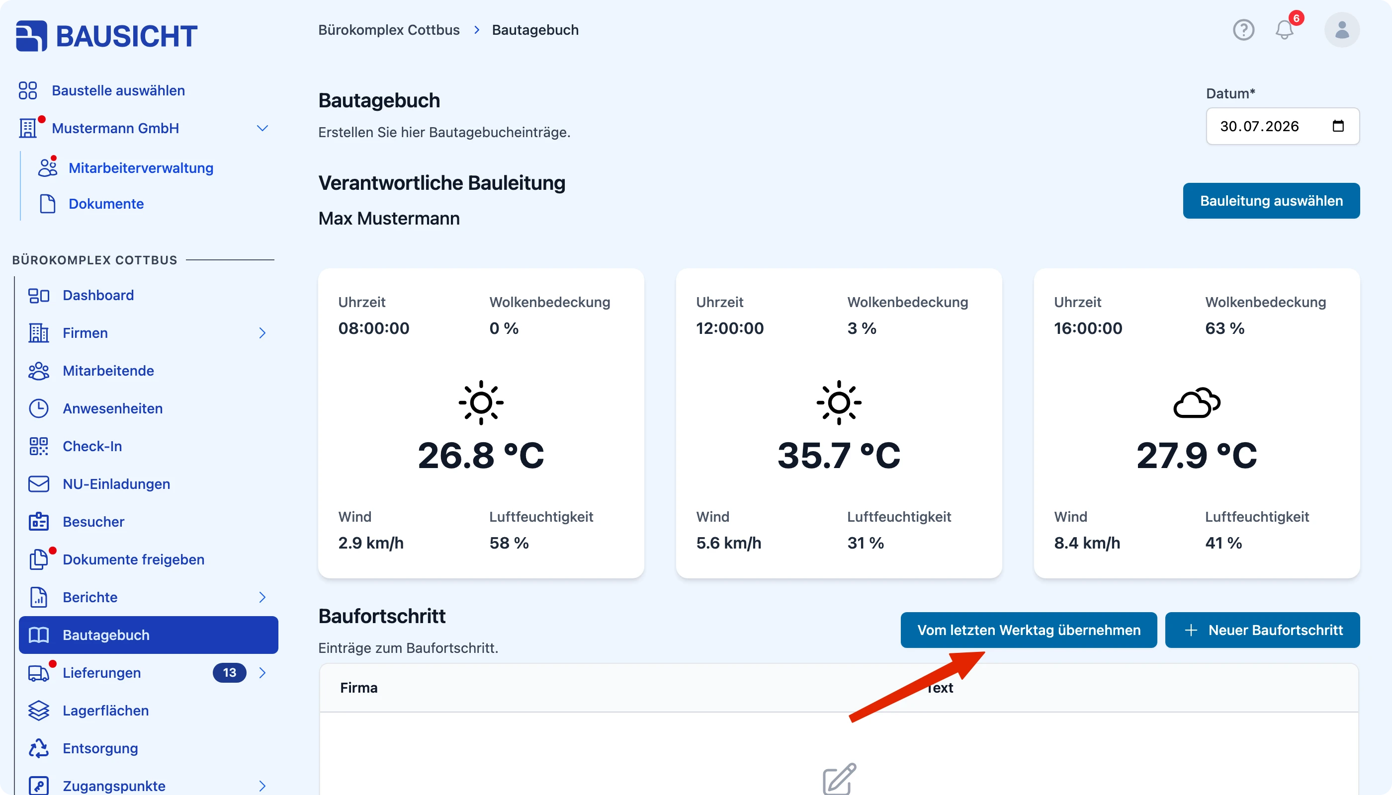 Button „Vom letzten Werktag übernehmen“