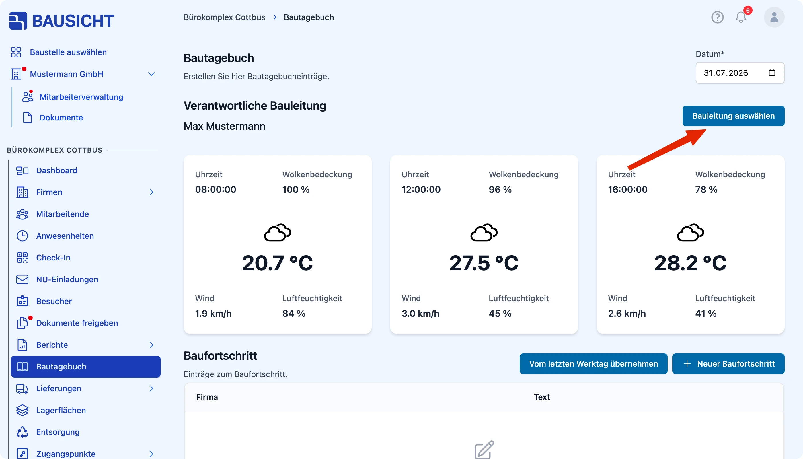 Schaltfläche „Bauleitung auswählen“