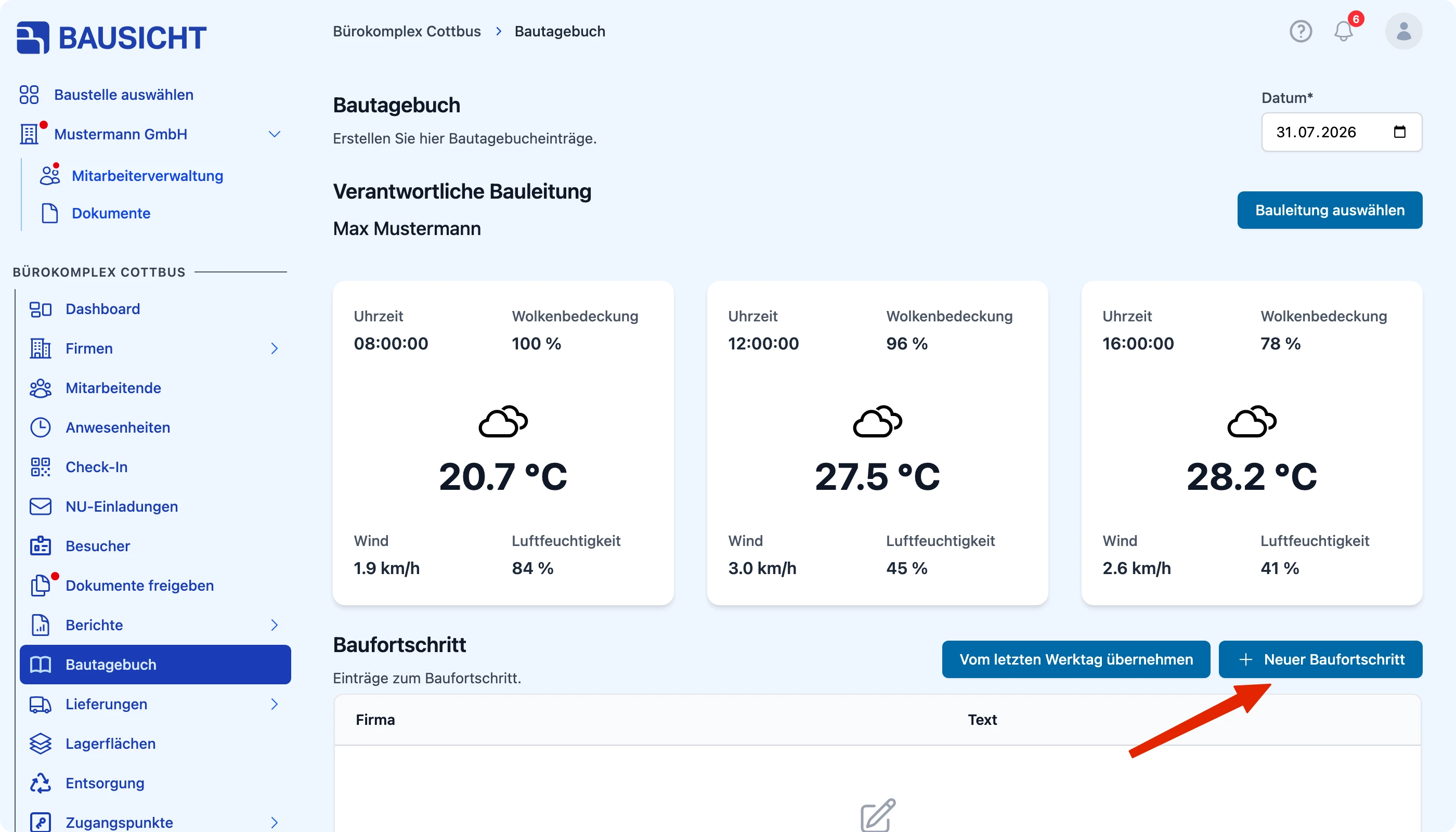Schaltfläche „Neuer Baufortschritt“