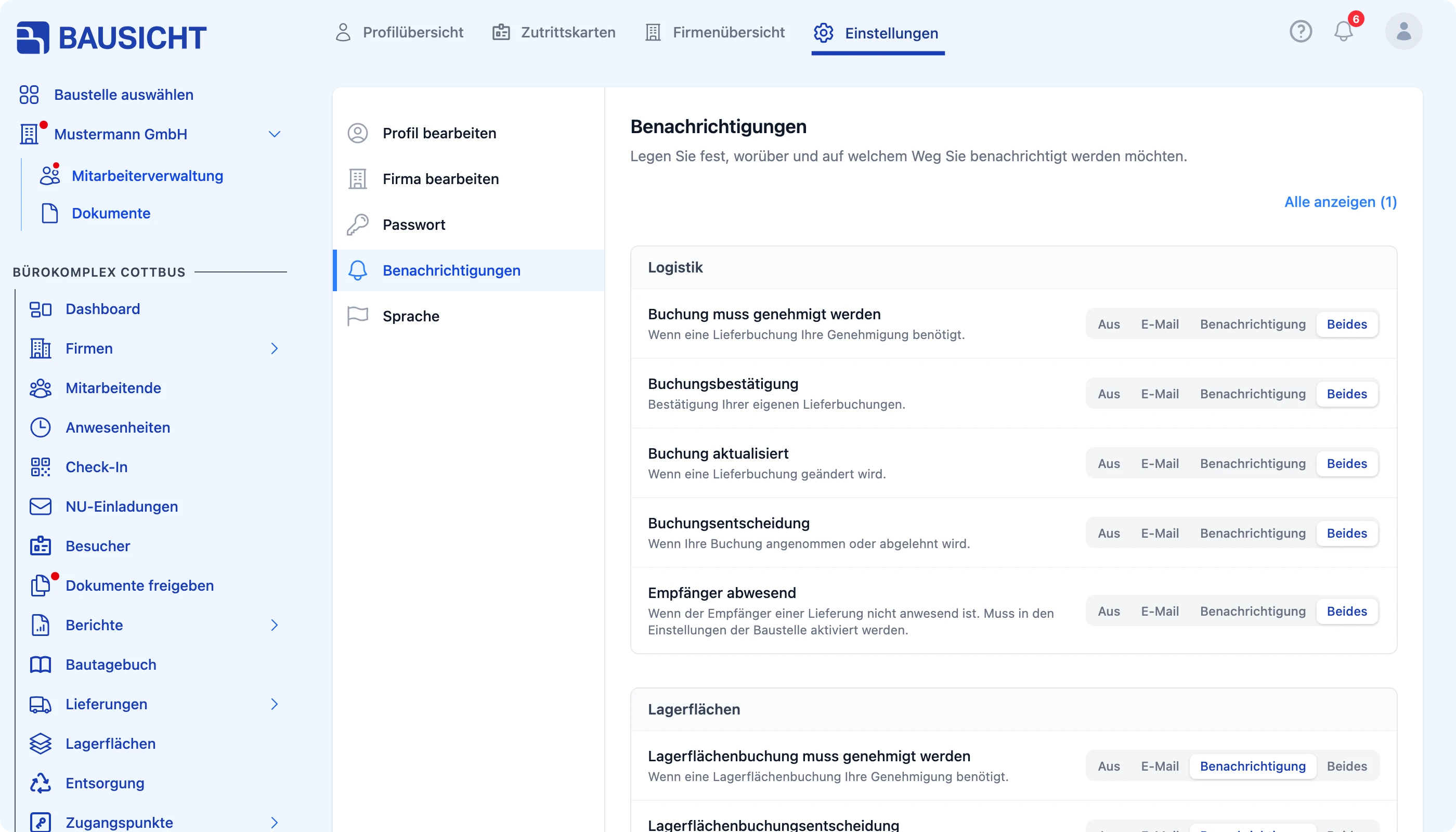 Übersicht der Benachrichtigungen mit E-Mail und Benachrichtigung