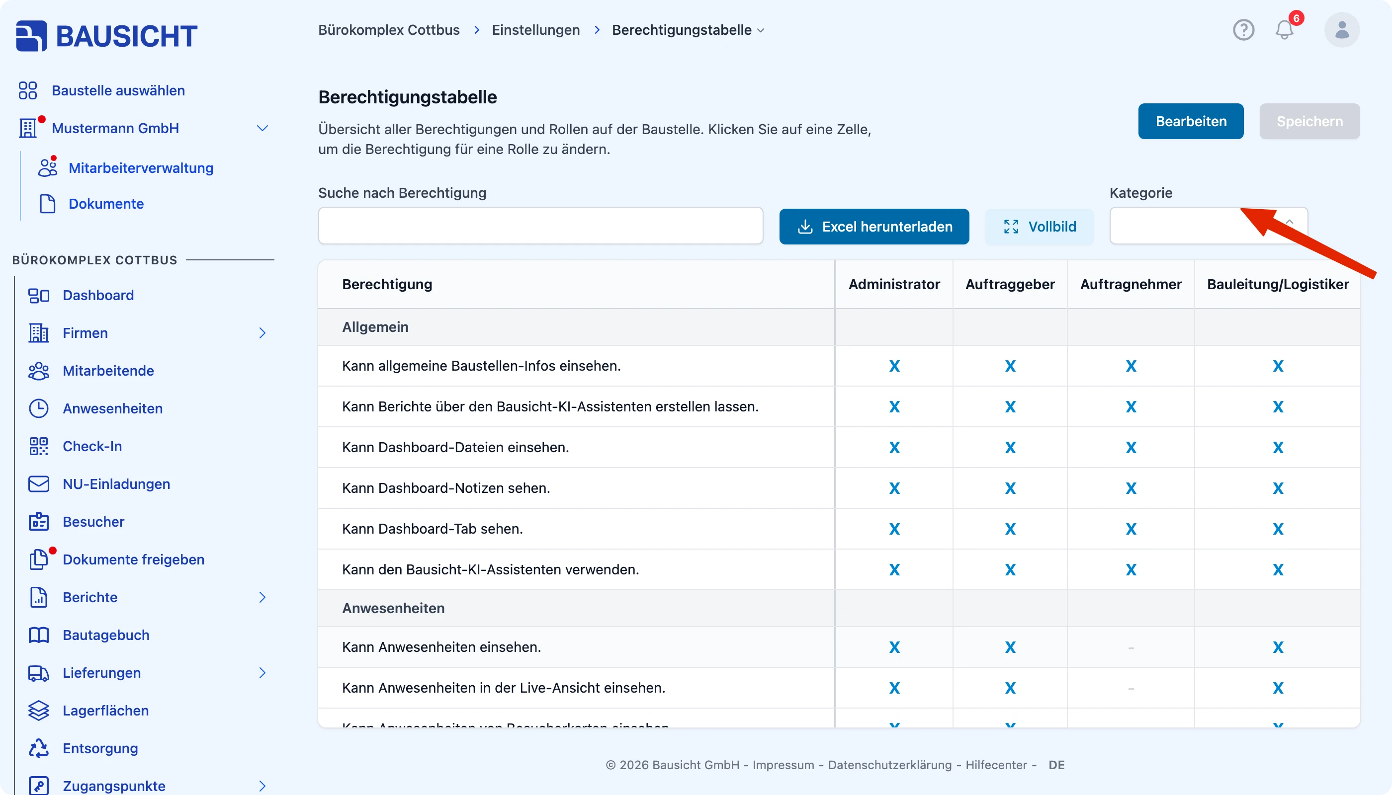 Filter „Kategorie“ in der Berechtigungstabelle