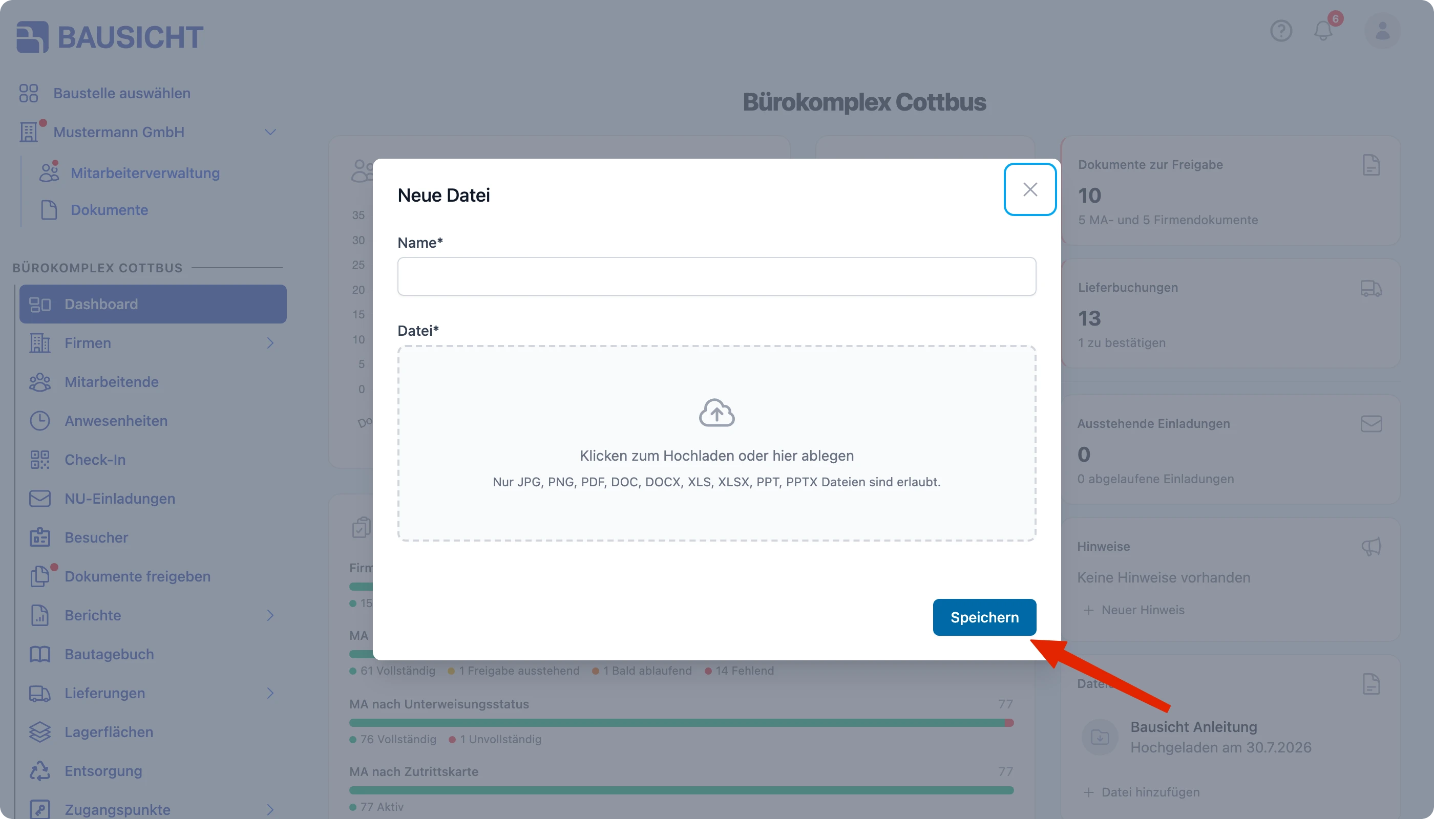 Dialog “Neue Datei” zum Hochladen einer Datei im Dashboard