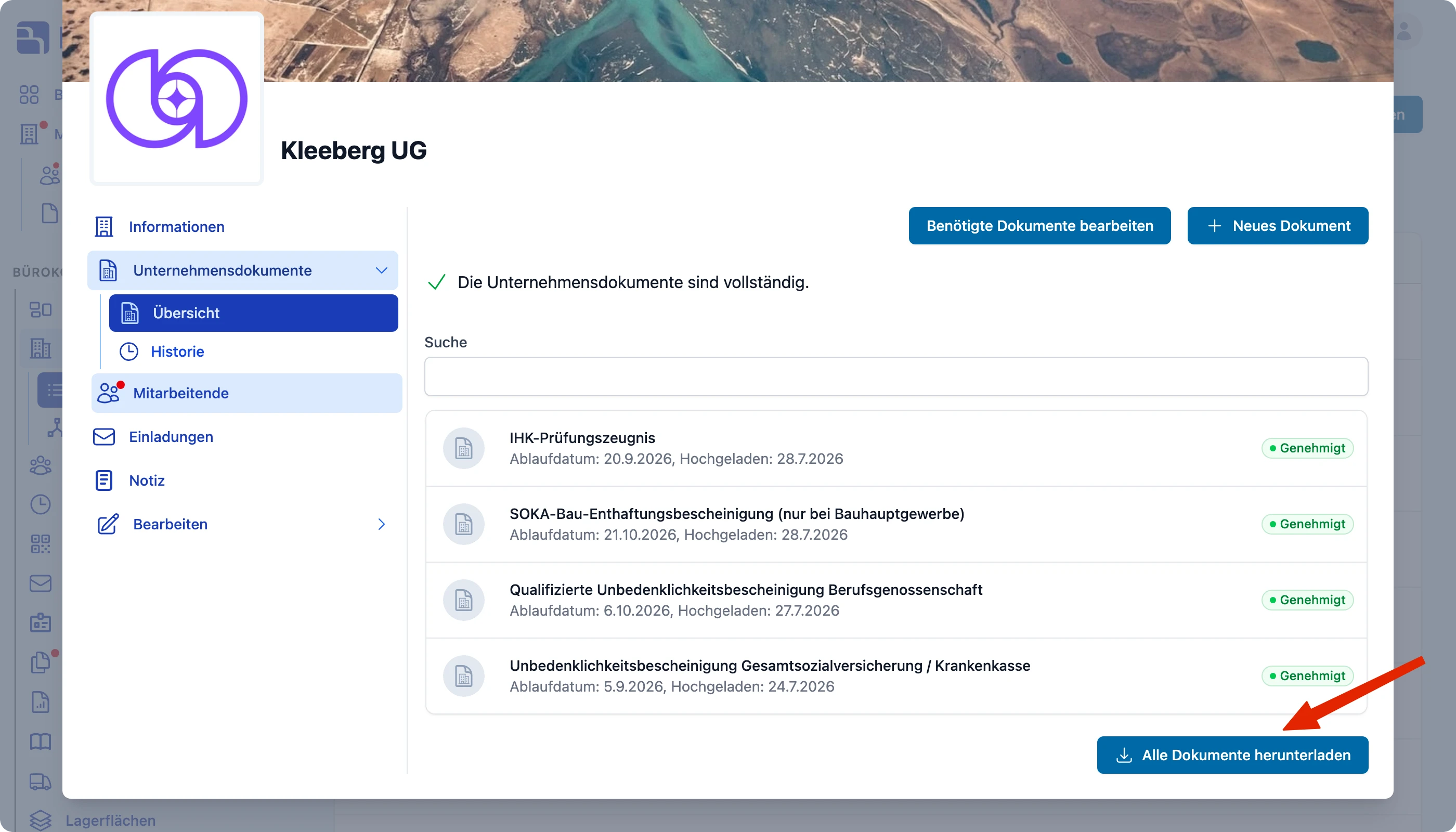 Schaltfläche Alle Dokumente herunterladen in den Unternehmensdokumenten