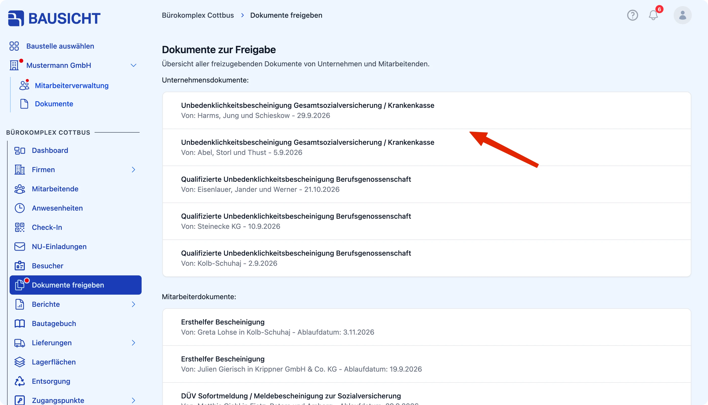 Ein eingereichtes Dokument in der Liste öffnen