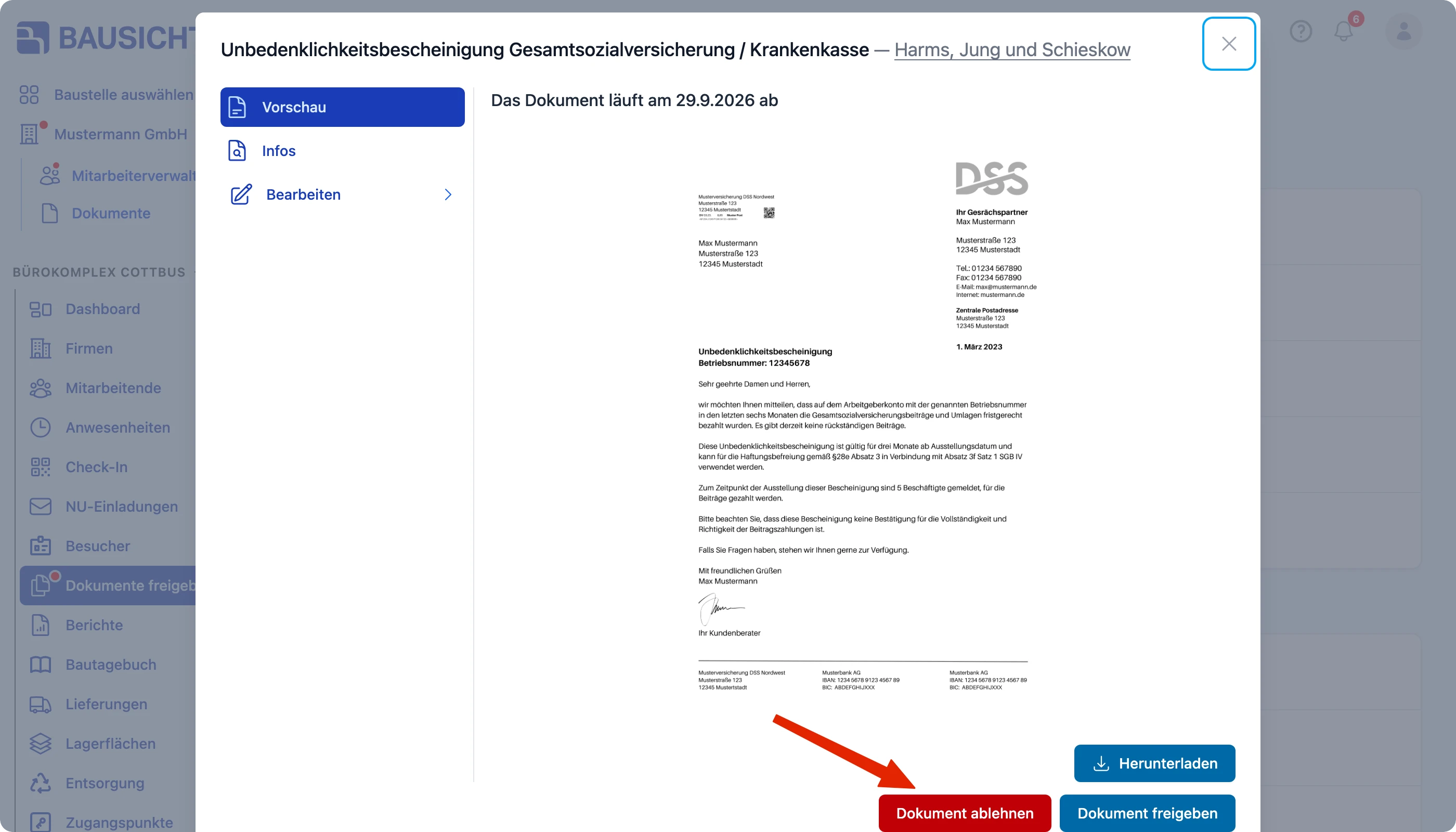 Schaltfläche „Dokument ablehnen“