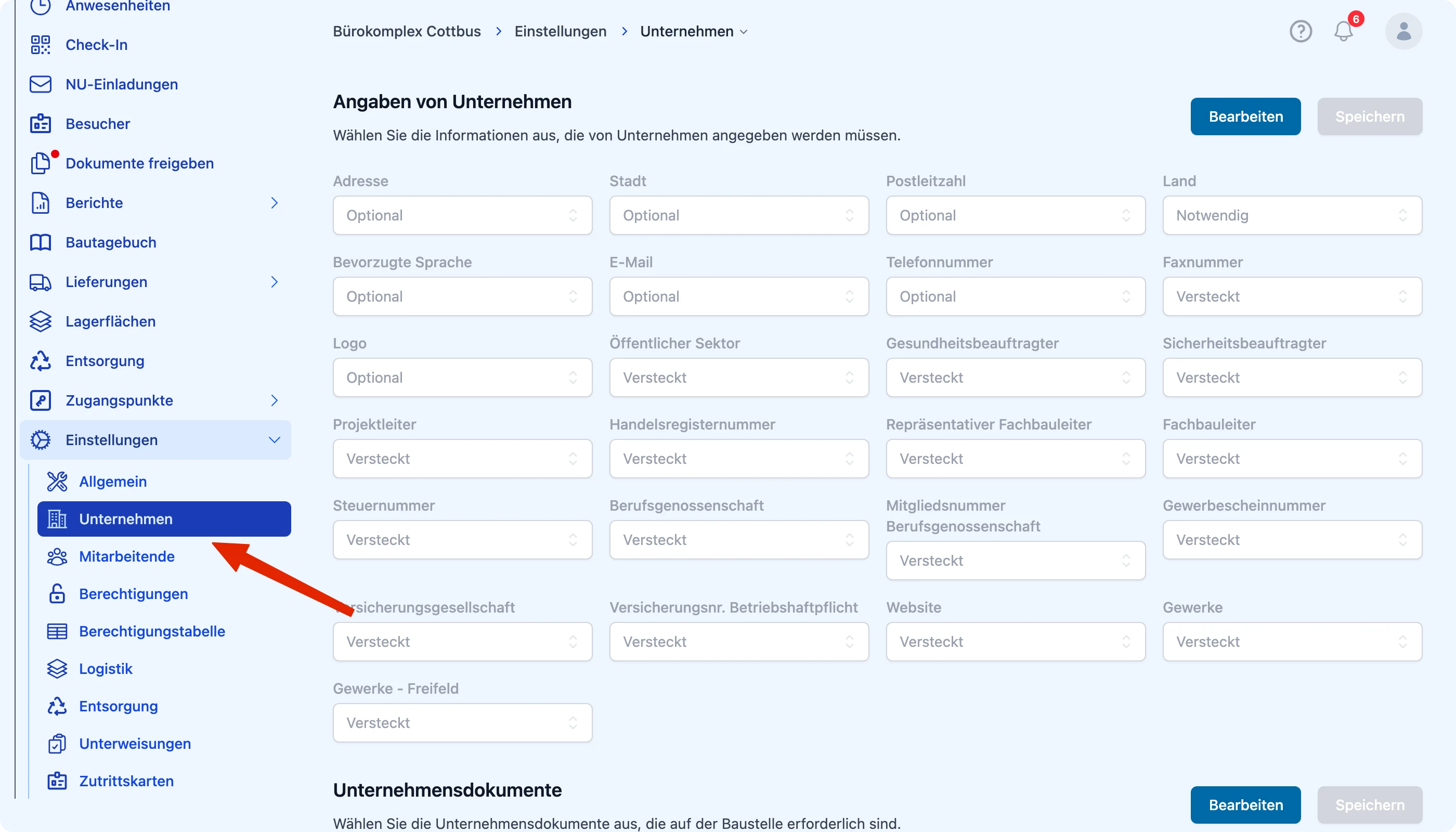Einstellungen → Unternehmen öffnen