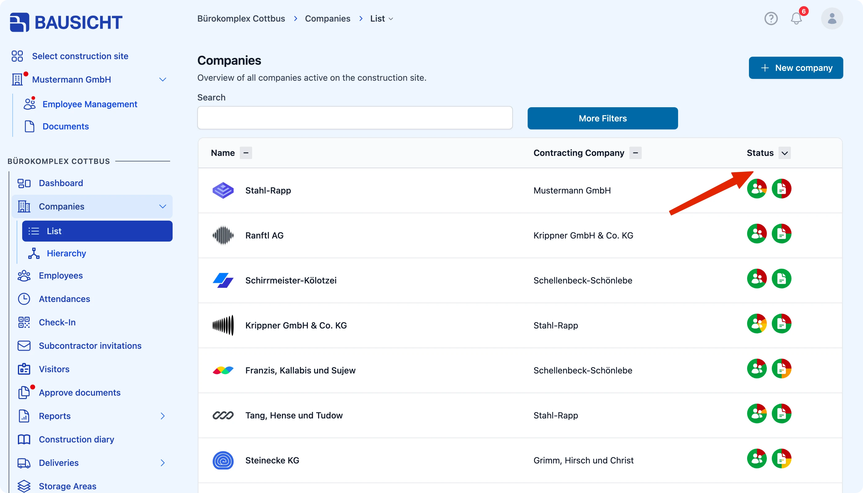 Sorting the company list by status
