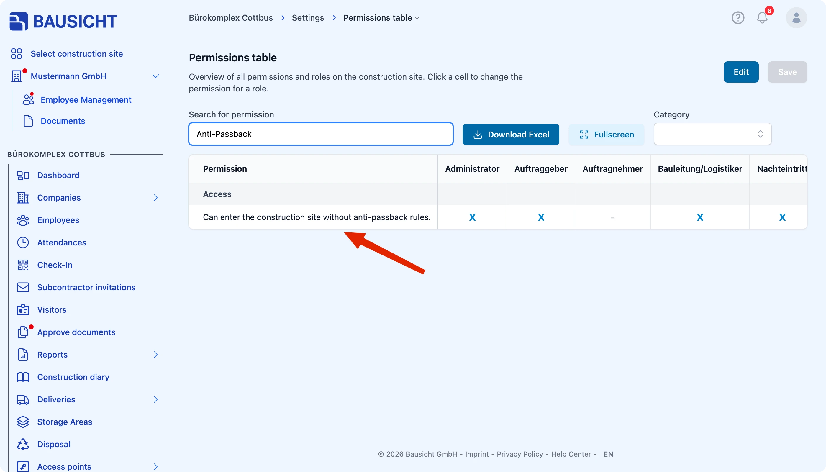 Anti-passback permission in the permission table