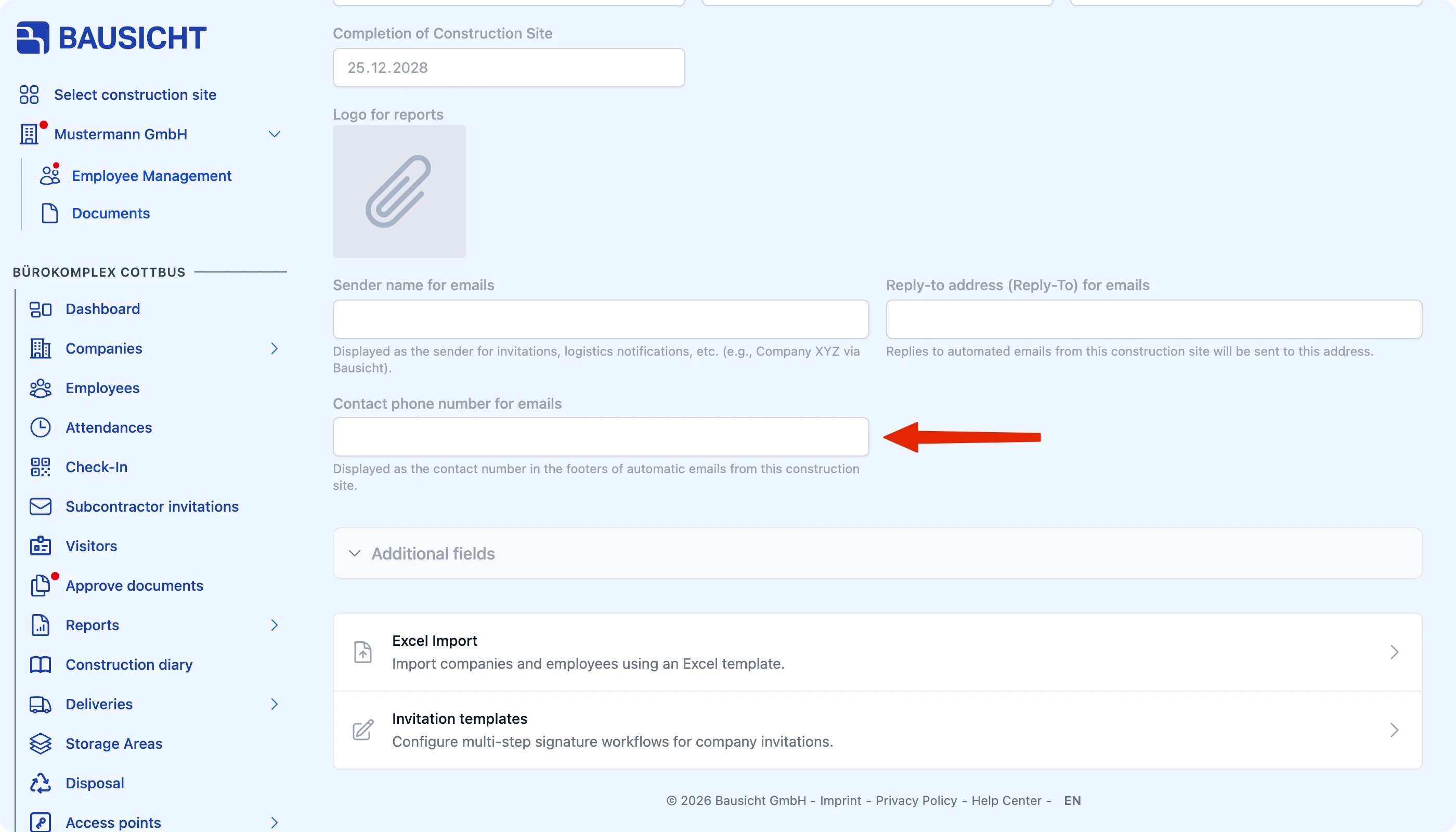 The “Contact phone number for emails” field in the site data