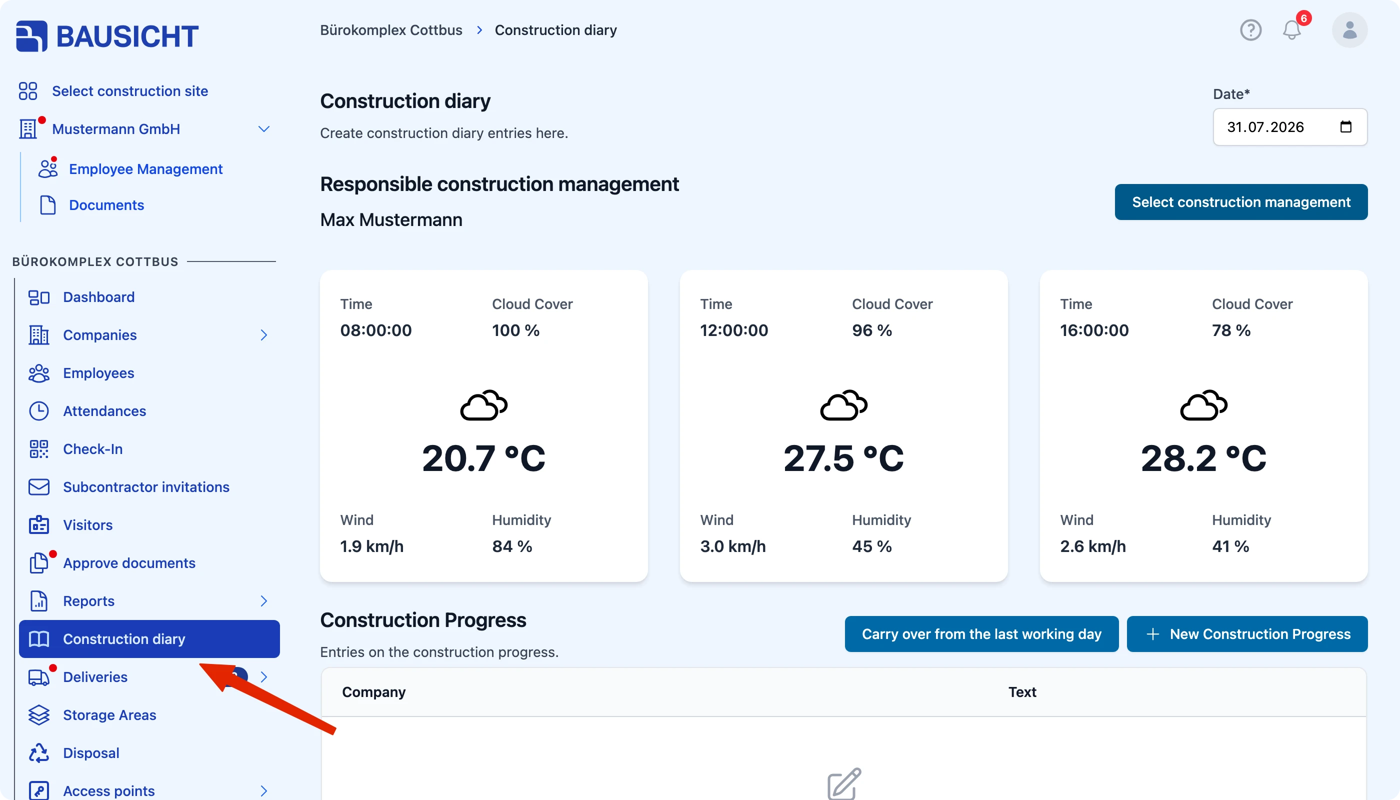 Opening the construction diary in the left-hand navigation