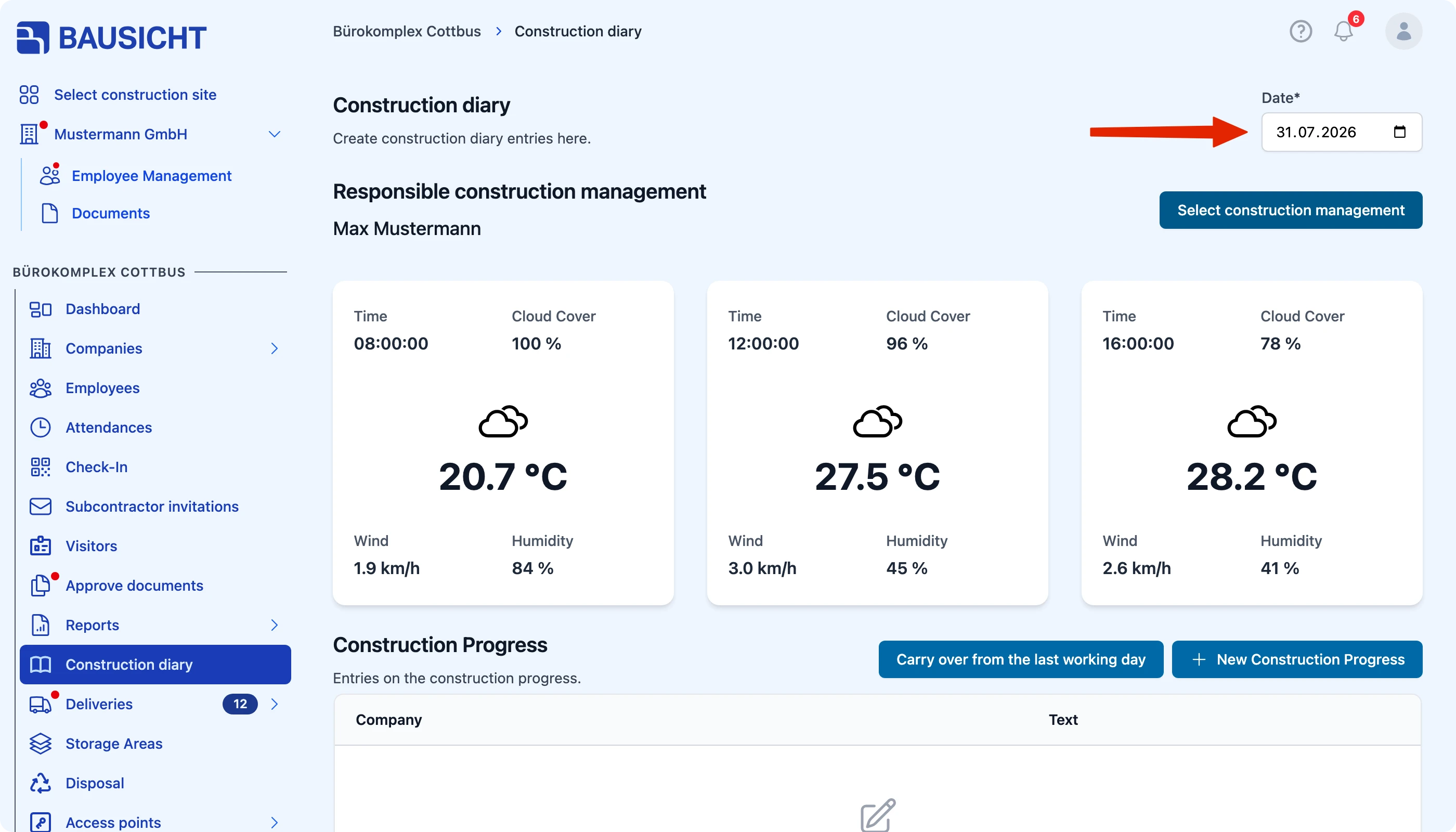 Selecting the date of the construction day