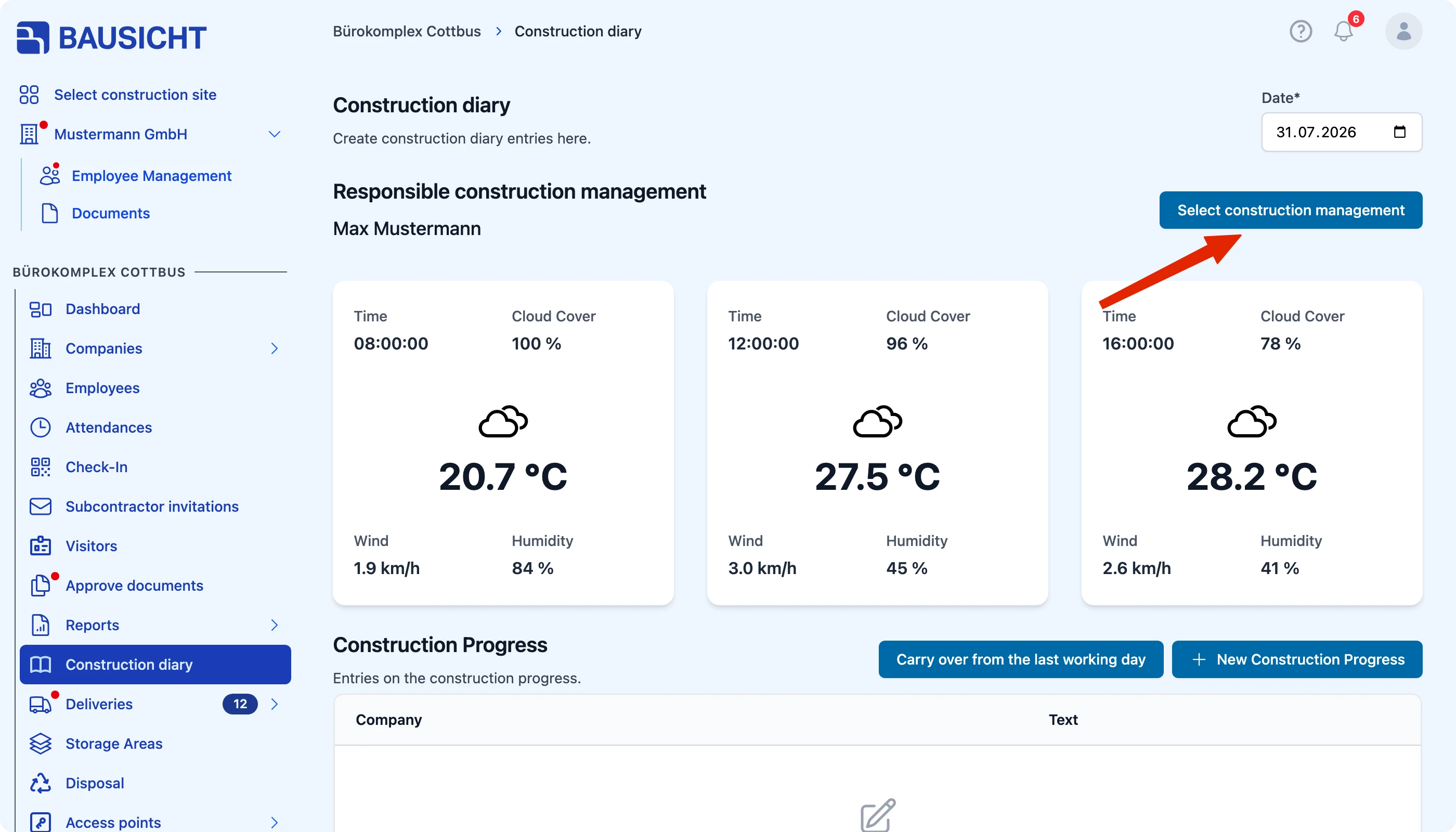 The „Select construction management“ button