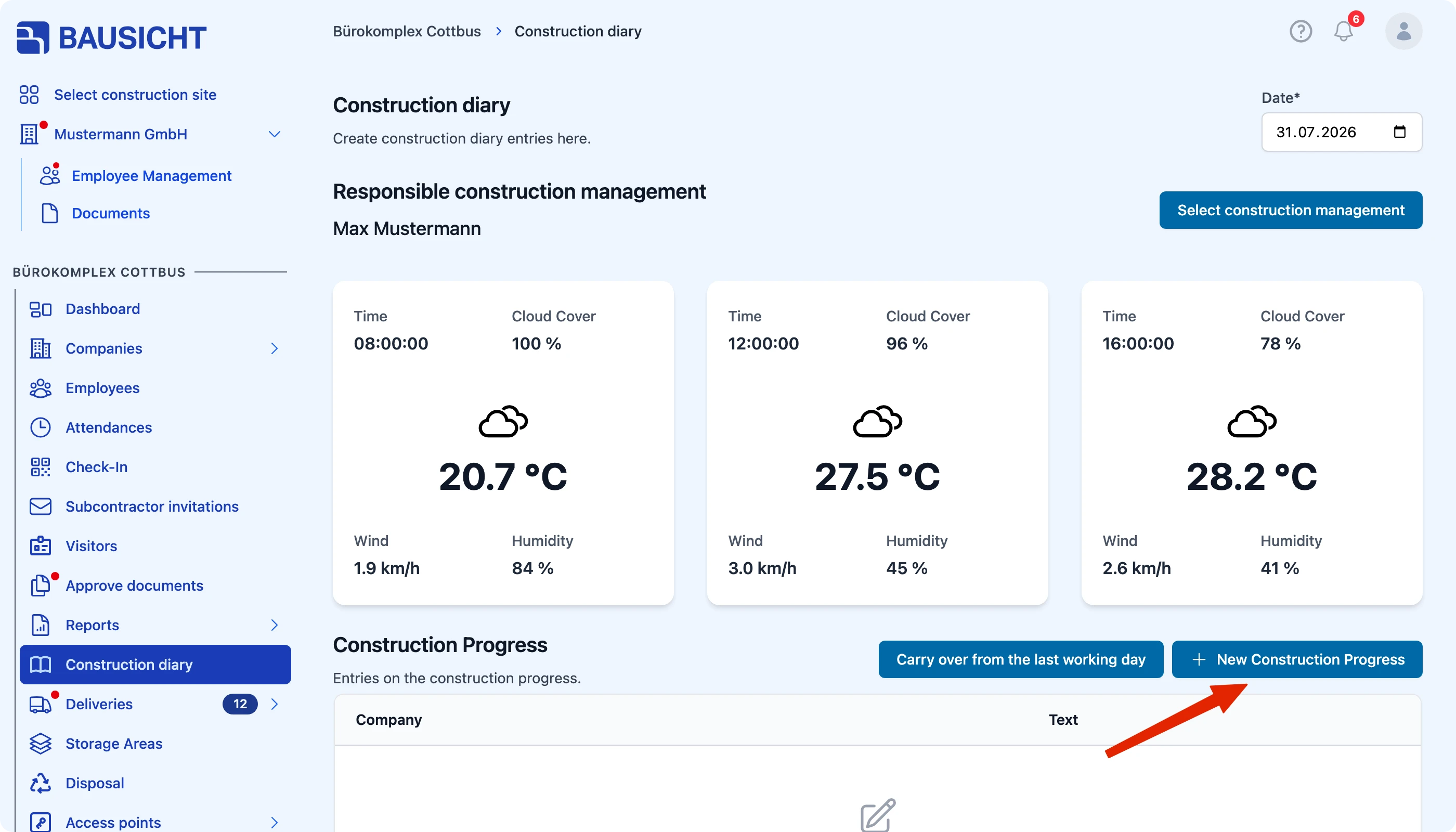 The „New Construction Progress“ button