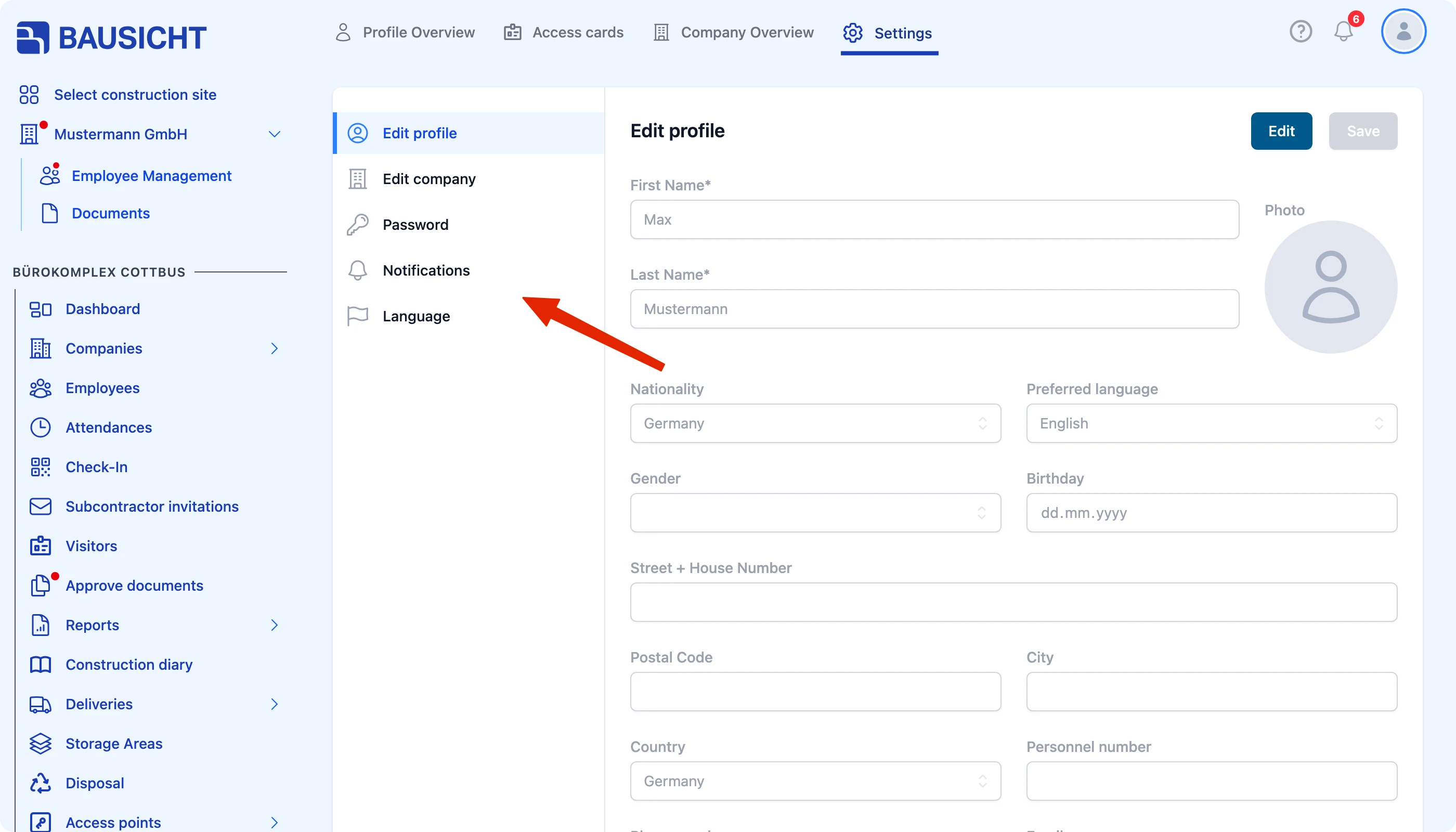 Notifications section in the personal settings