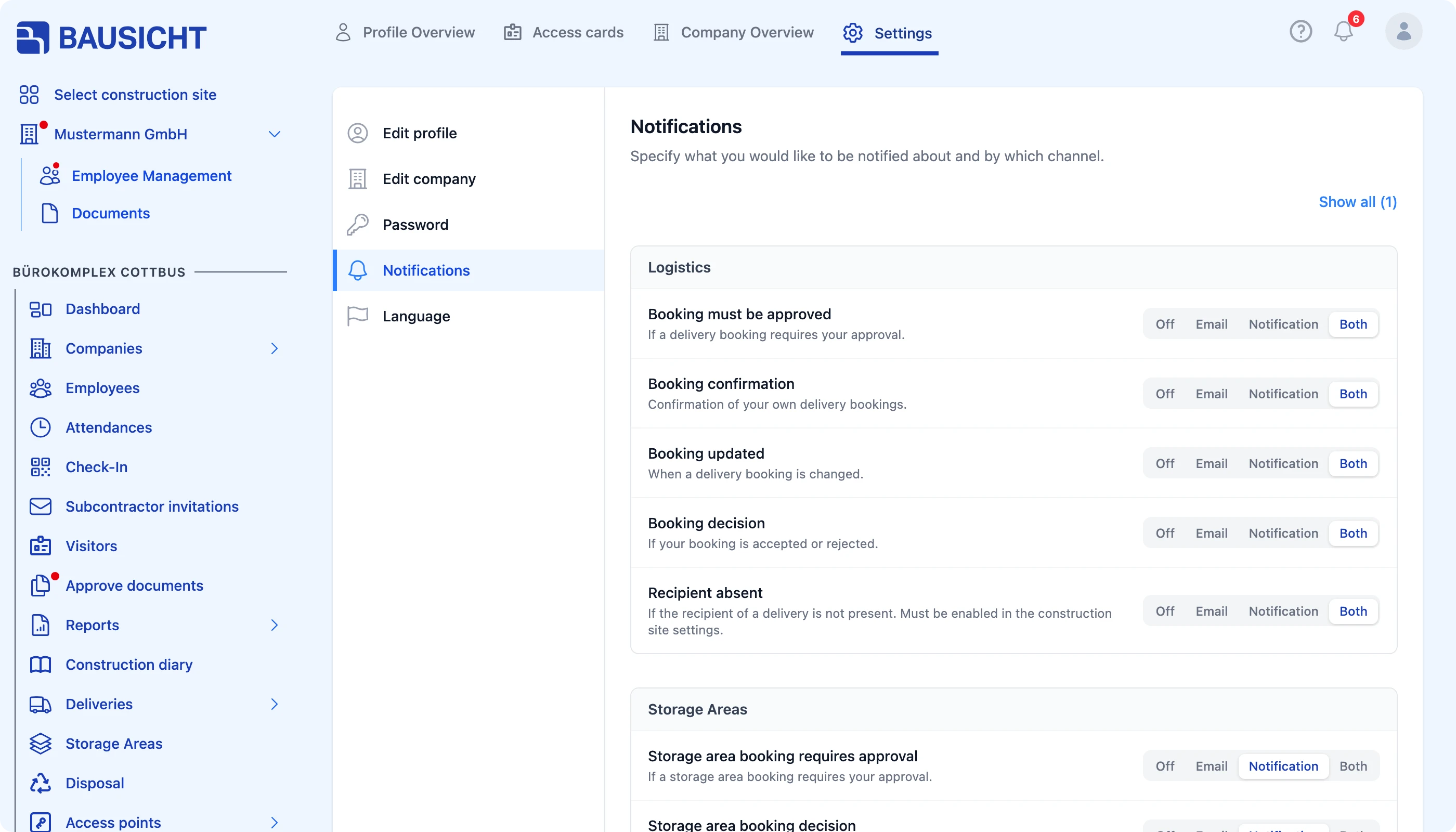 Overview of notifications with email and in-app notification