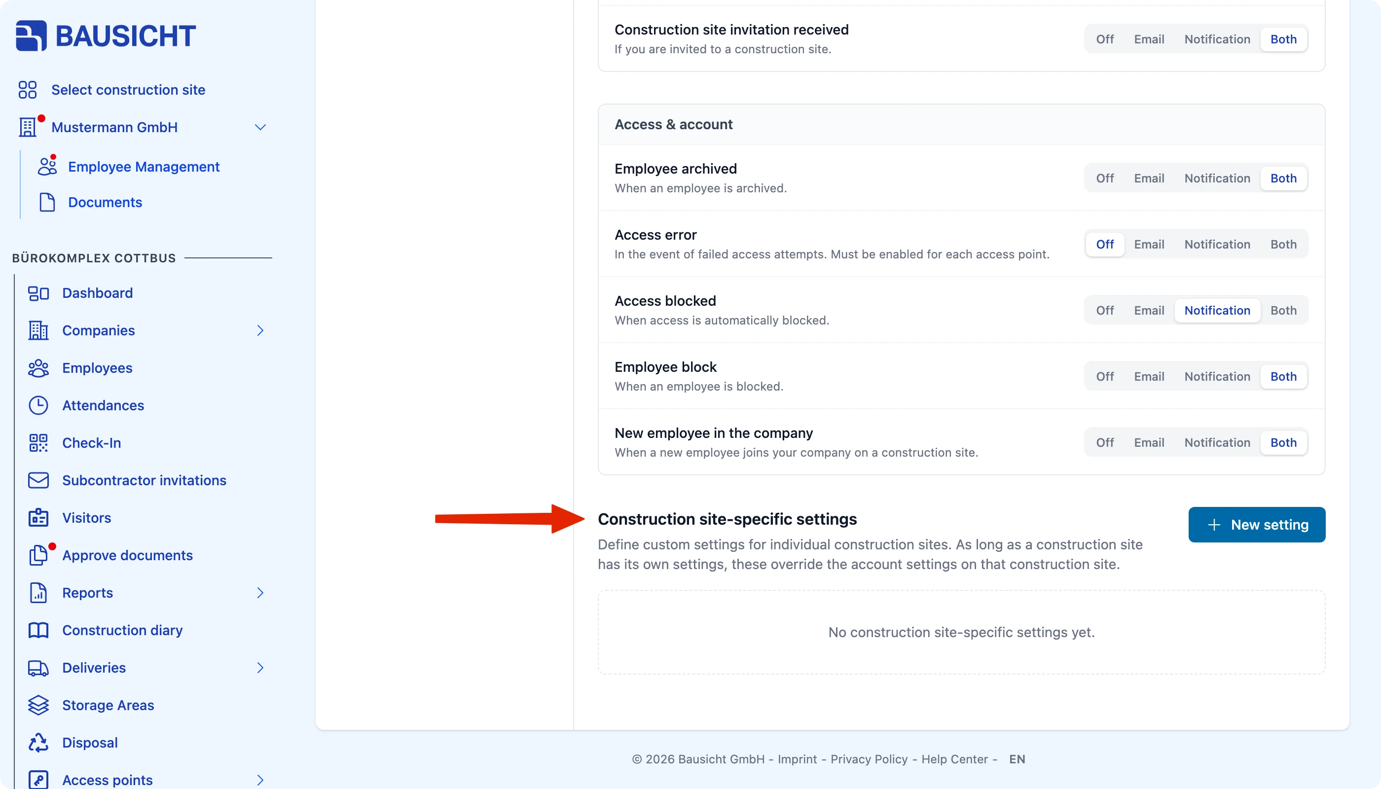 Setting notifications per construction site