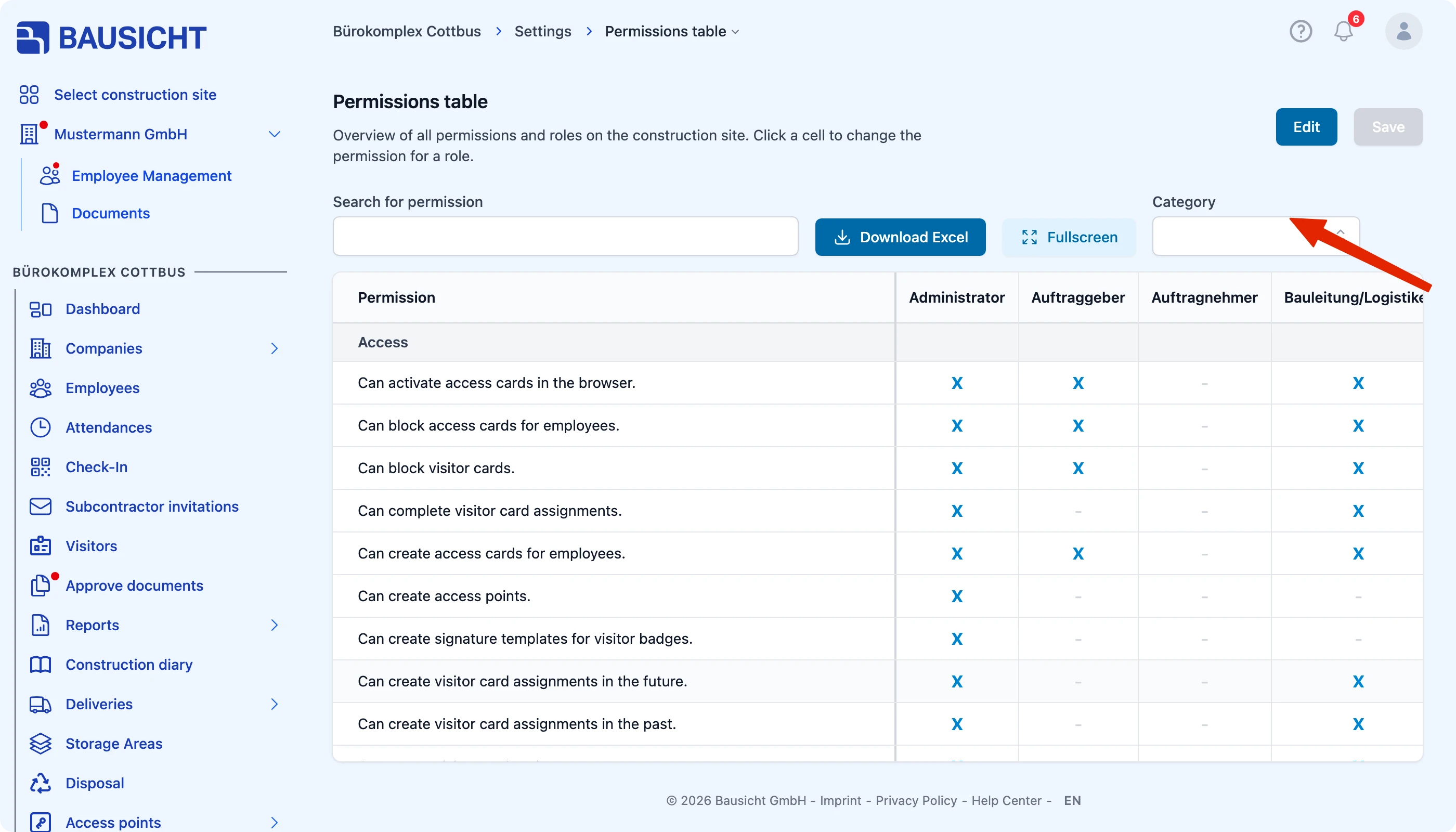 The „Category“ filter in the permissions table