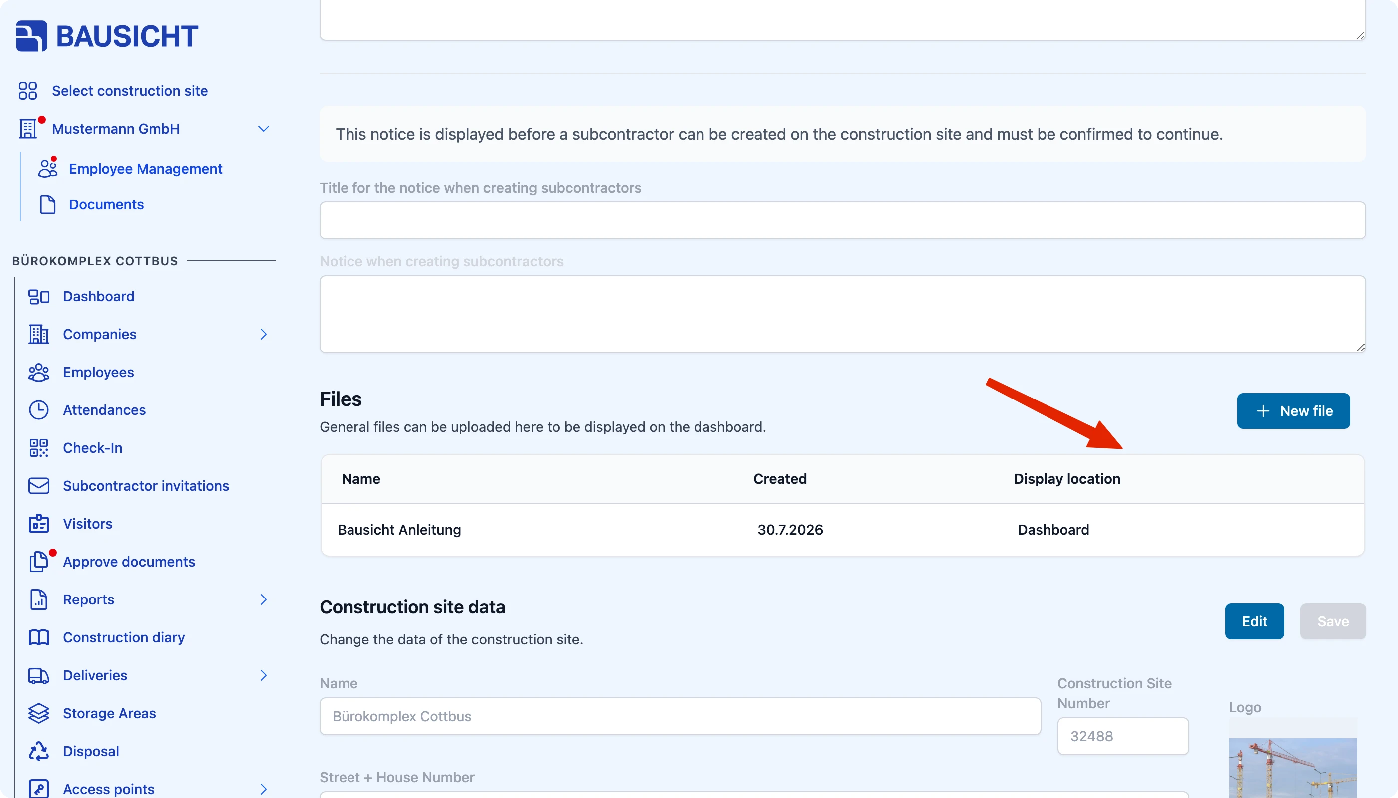 Files section in the general site settings with the display location column