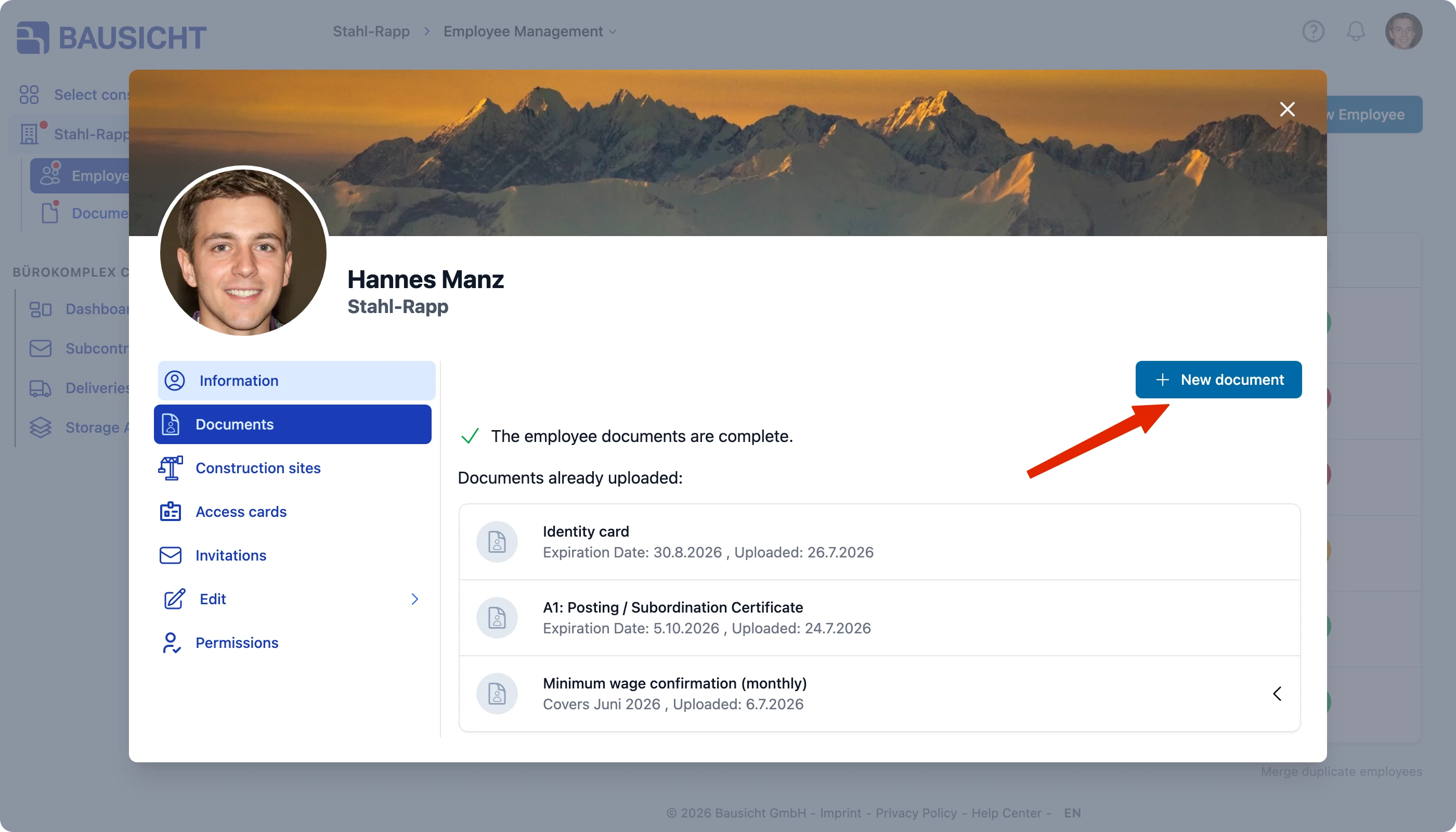 The „Documents“ tab with the „New document“ button
