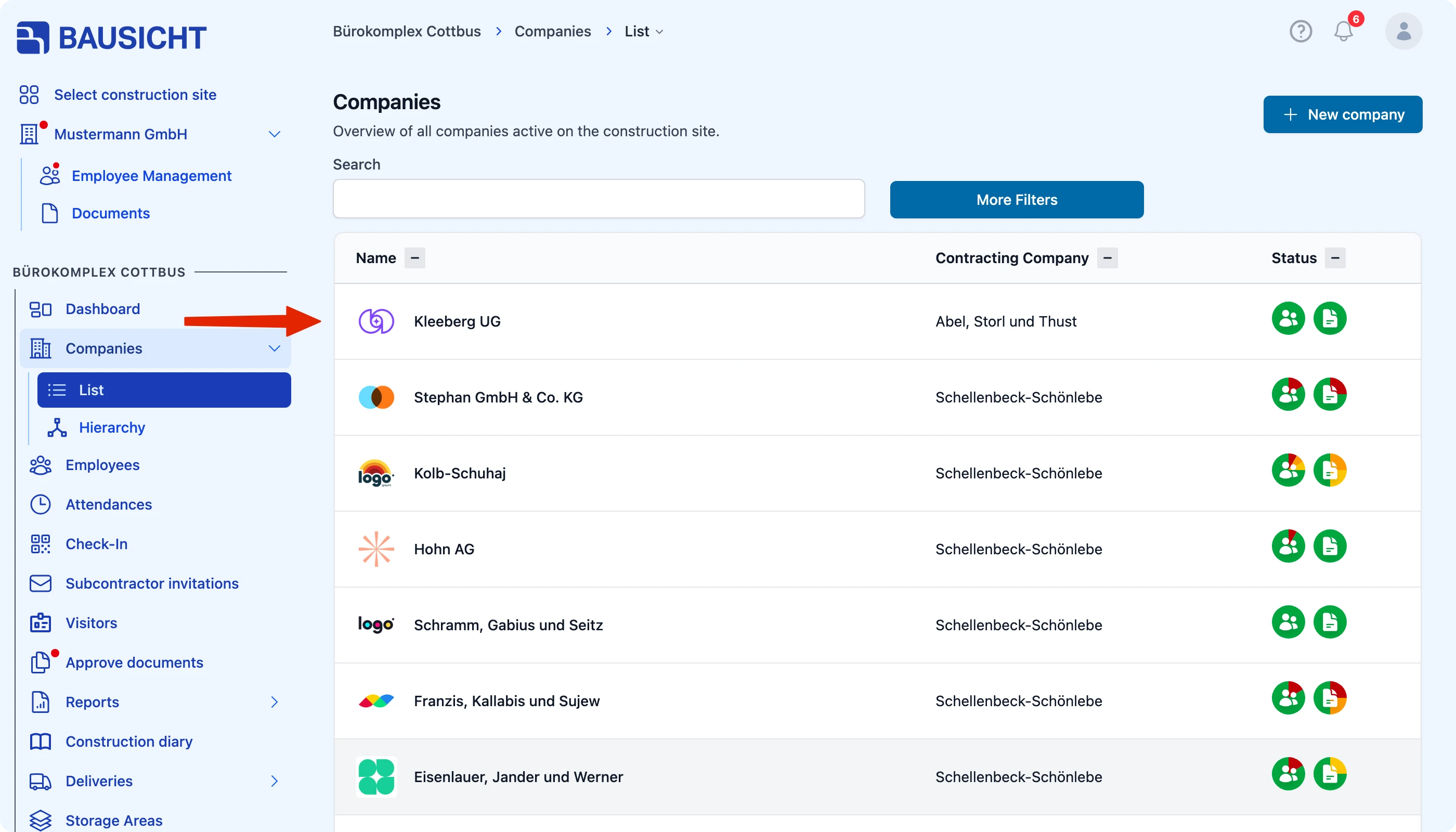 Company overview with the desired company selected