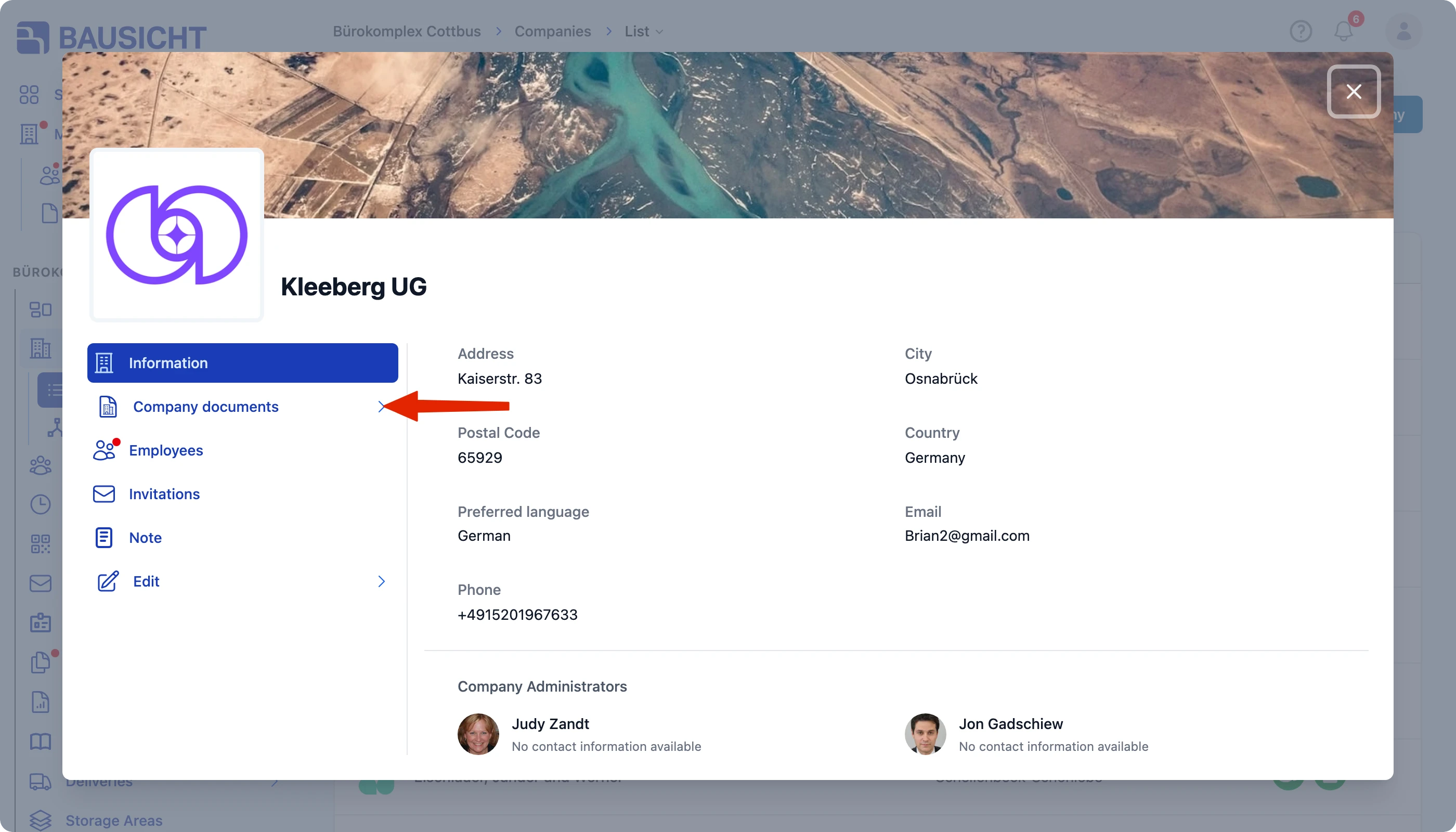 Opening the Company documents tab in the company panel