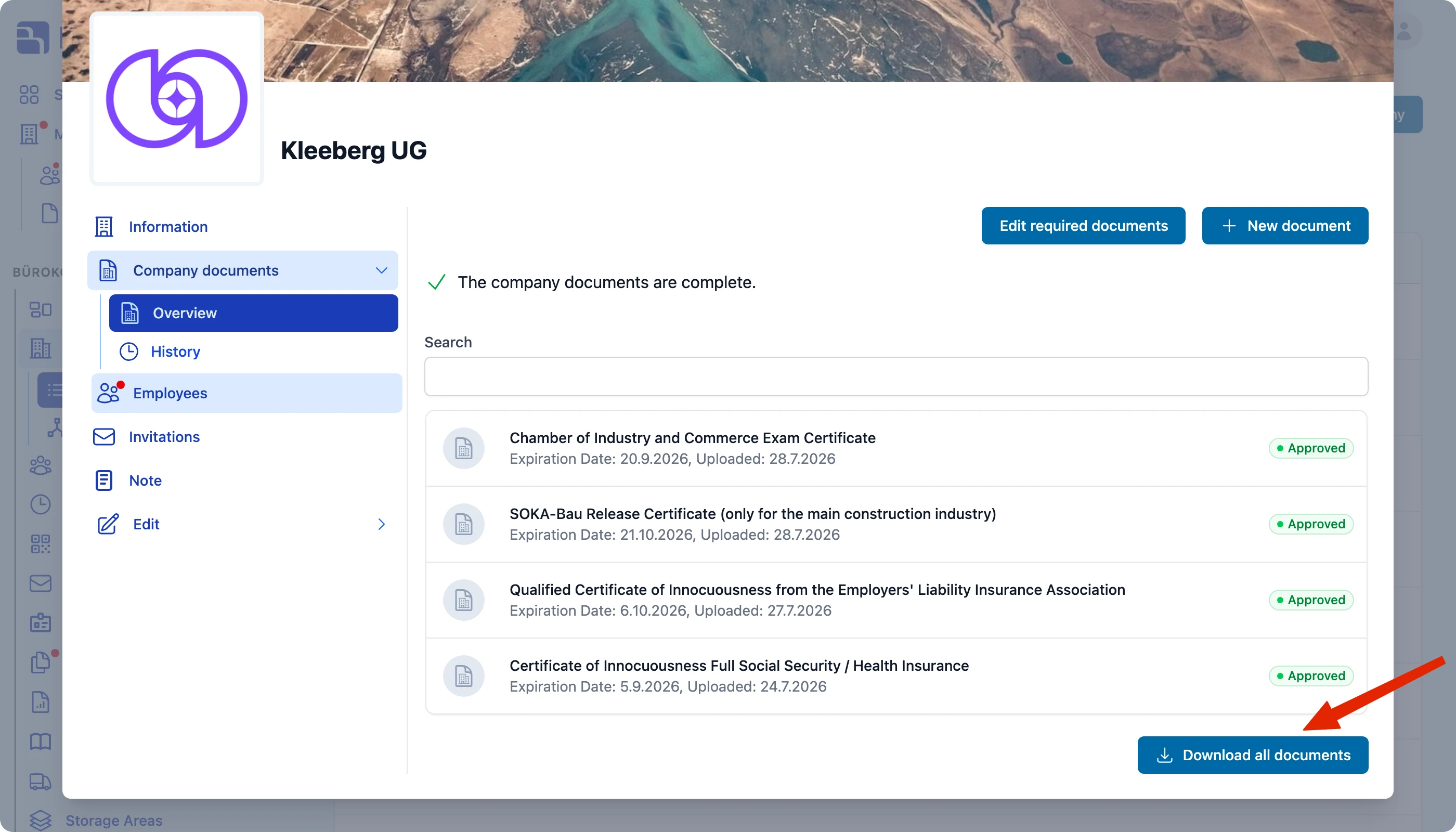 Download all documents button in the company documents