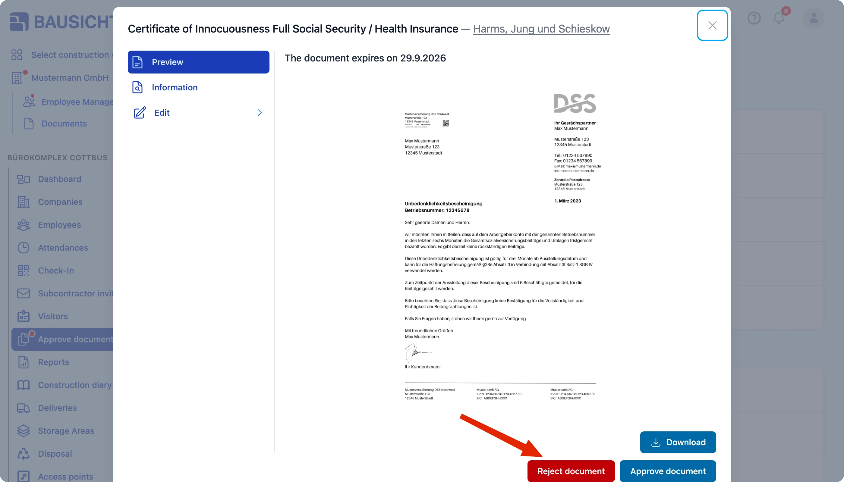 The „Reject document“ button