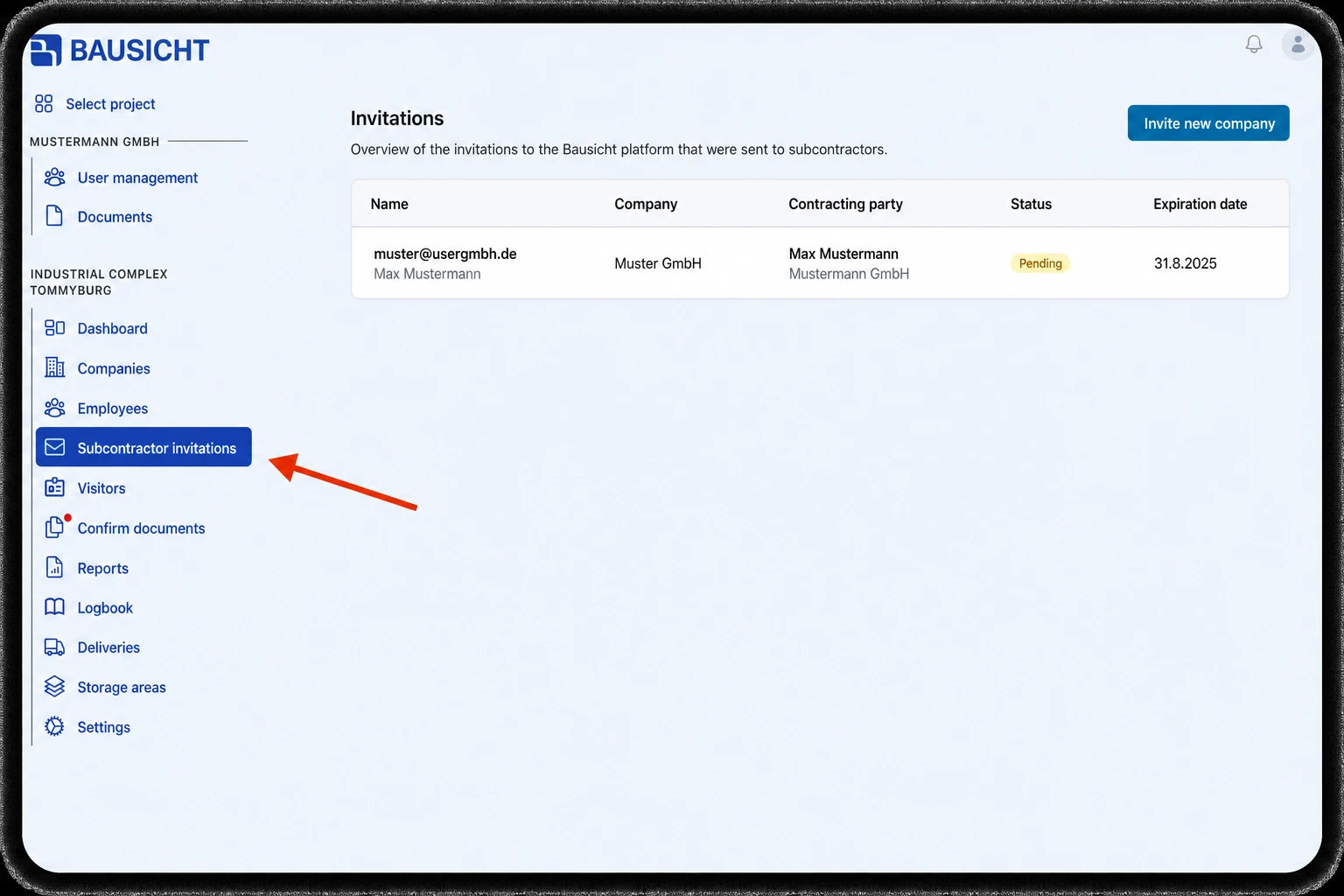 Subcontractor invitations menu