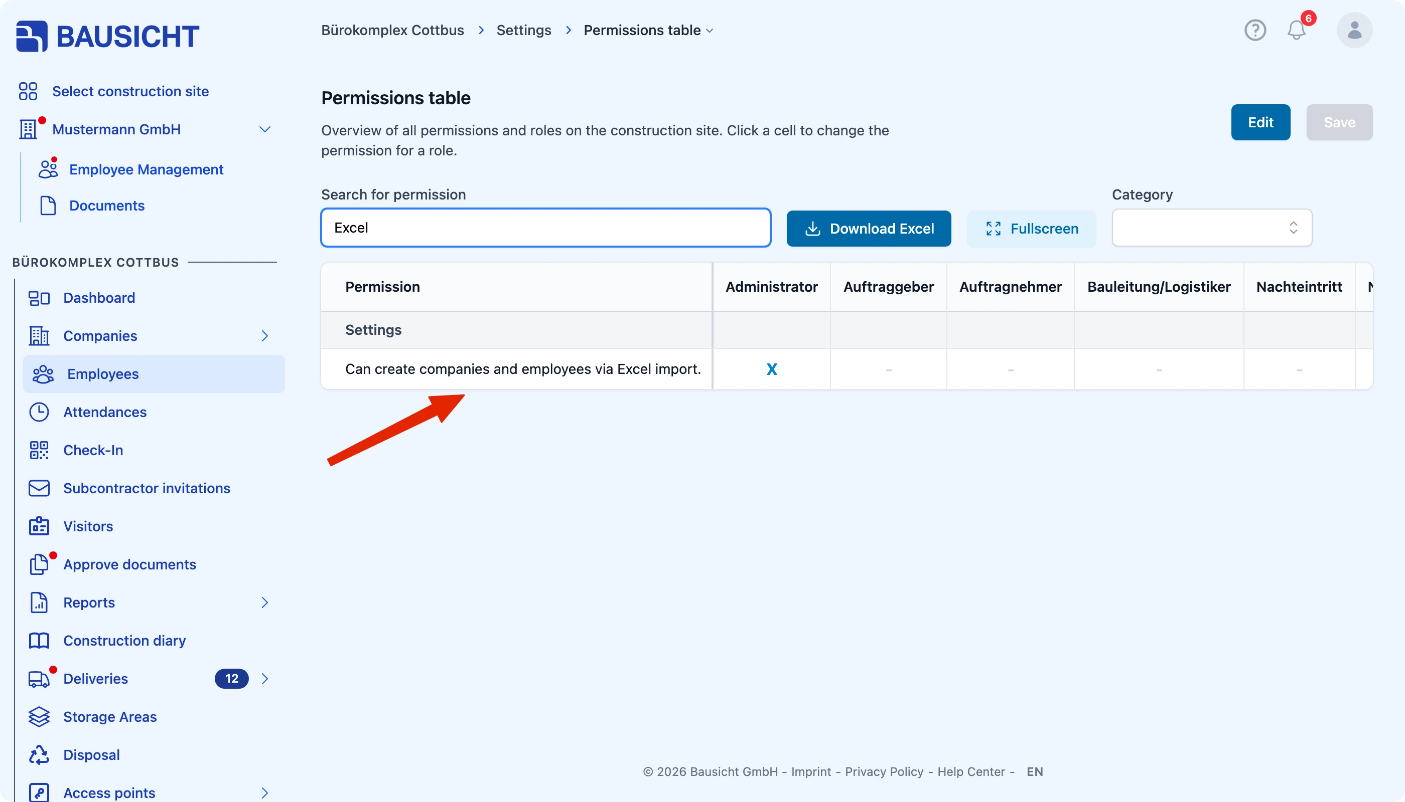 Excel import permission in the permissions table