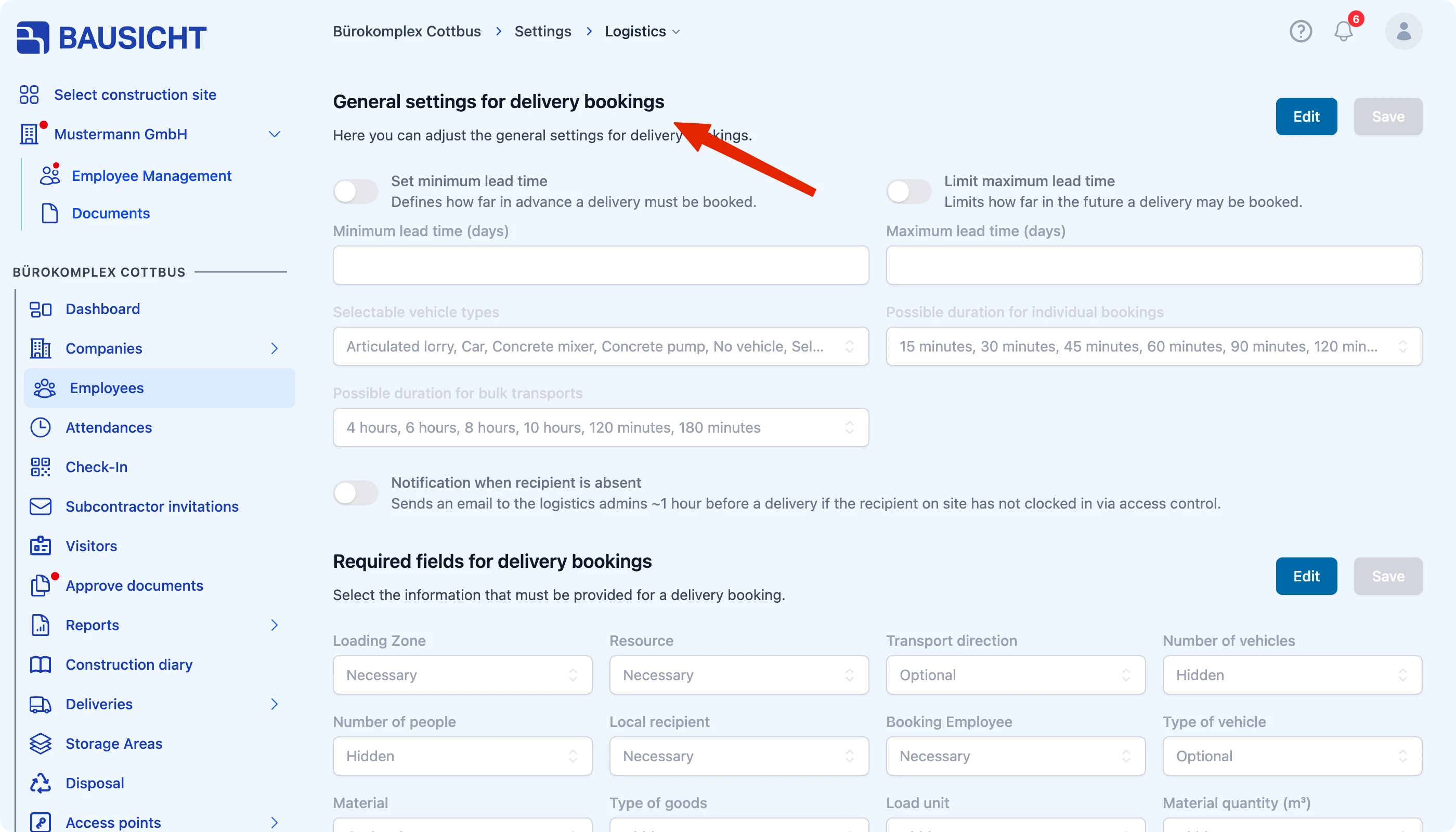 Settings, Logistics tab, “General settings for delivery bookings” section