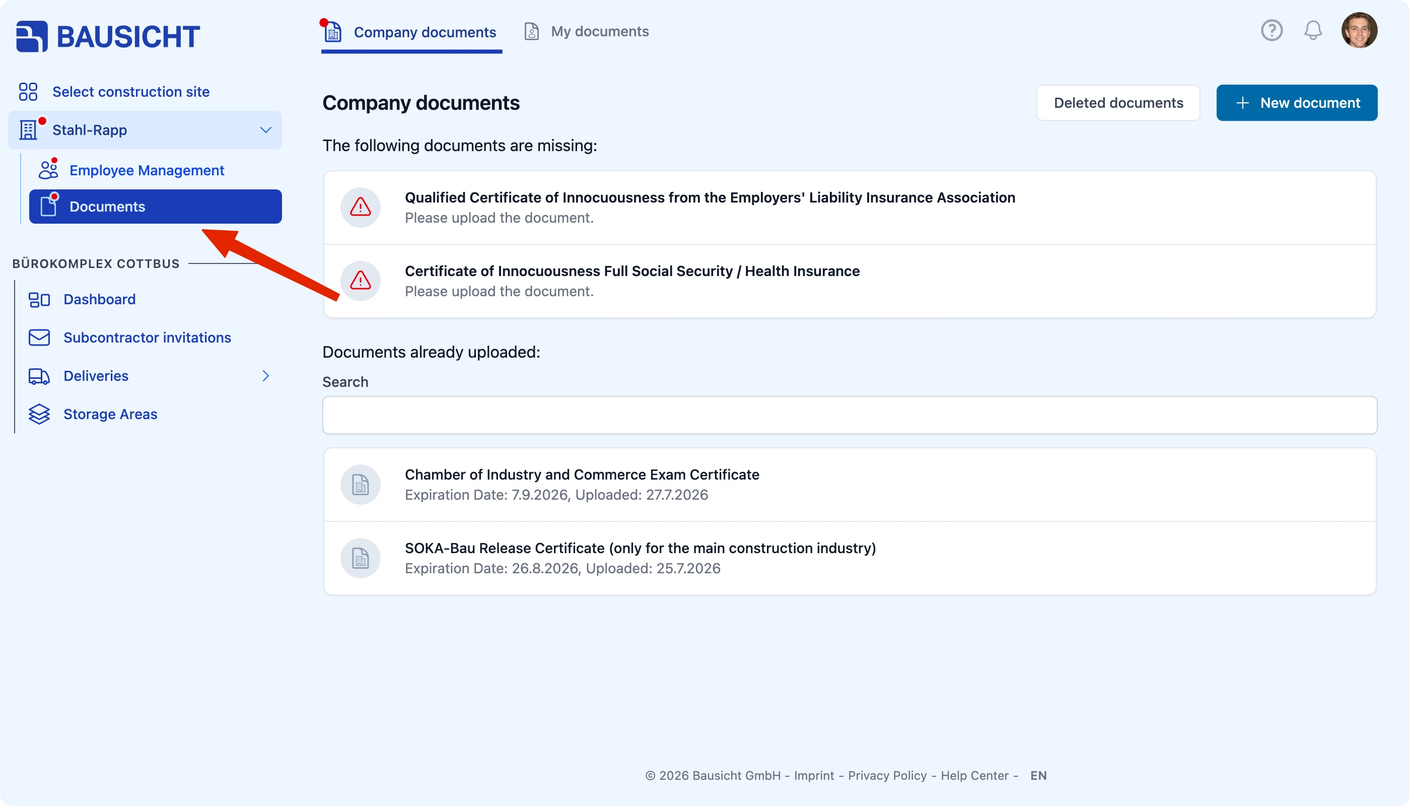 Open the company documents in the left navigation