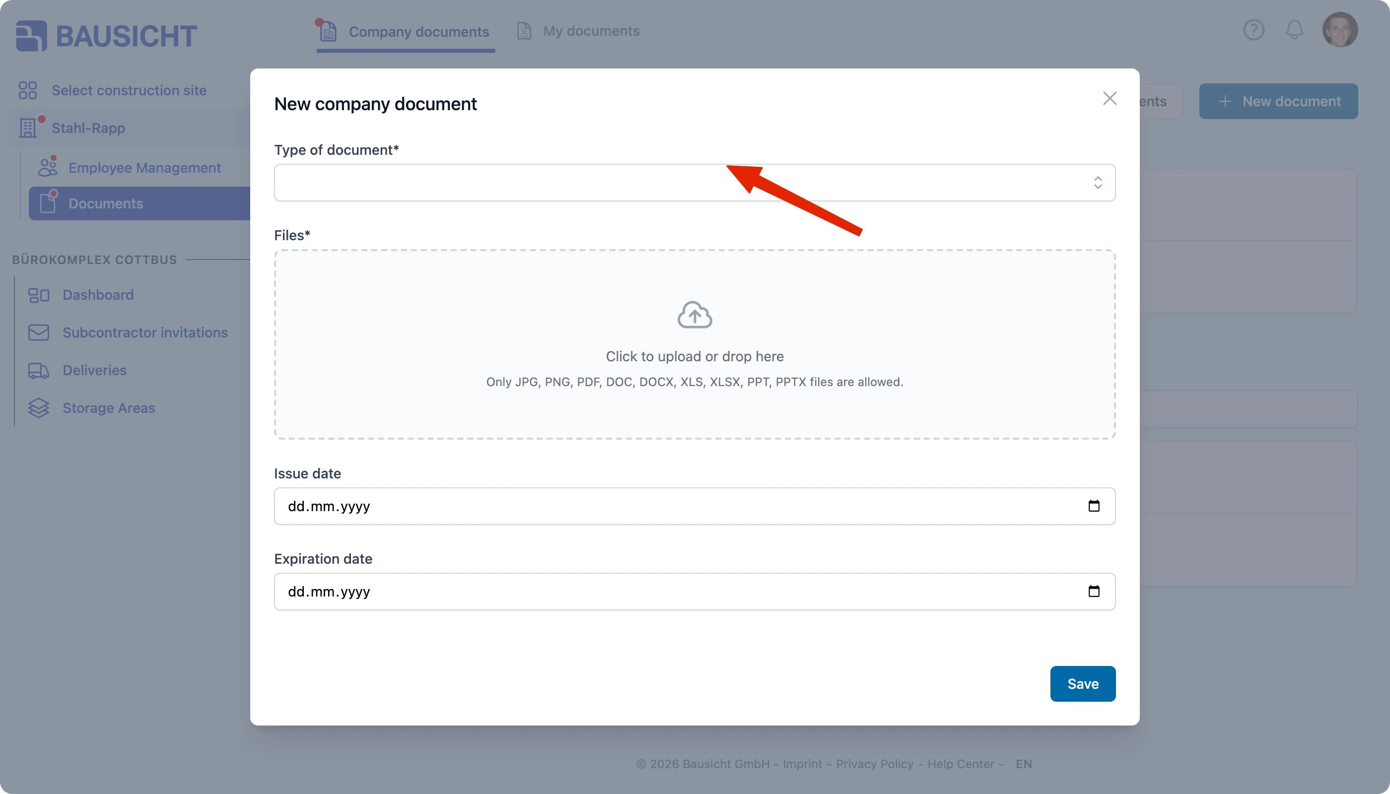Choose the type of document and the file