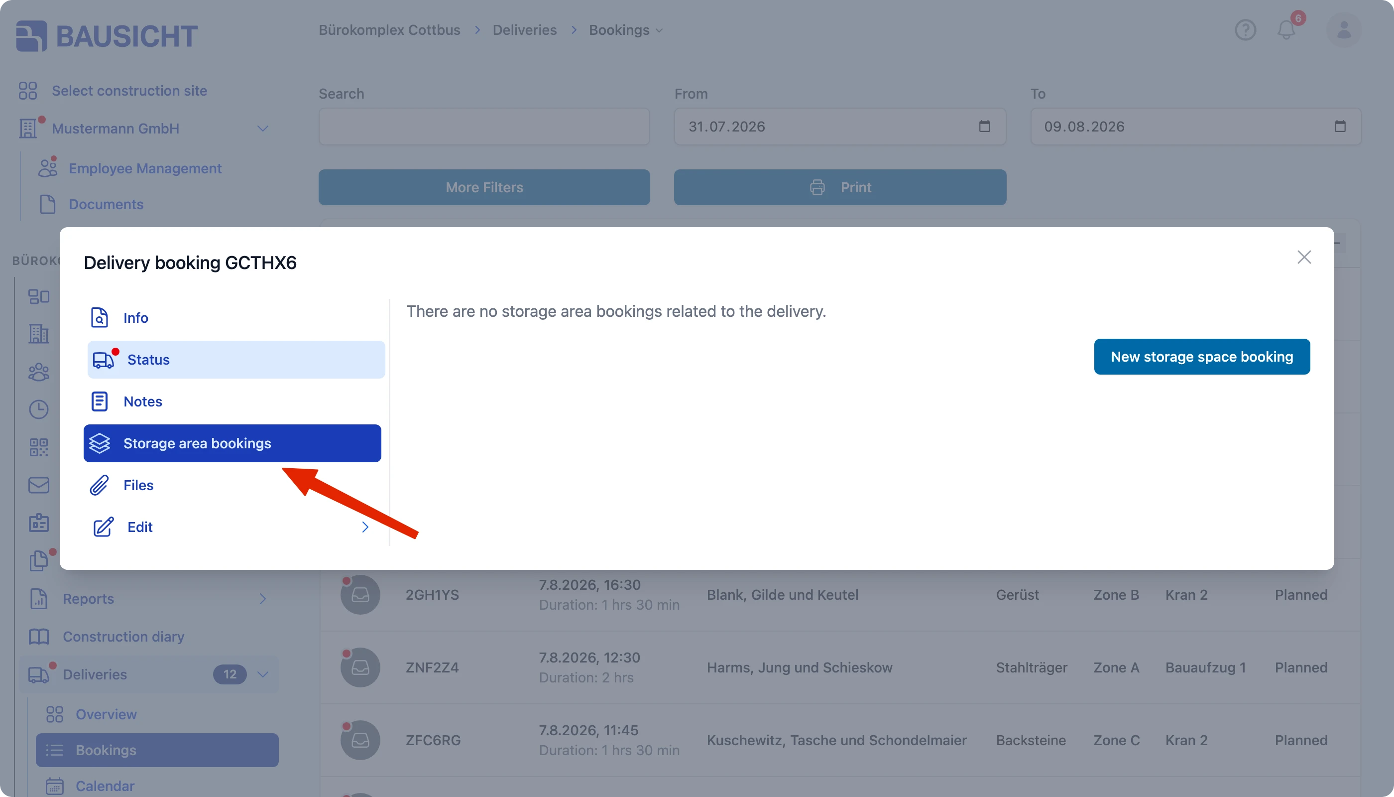 The “Storage area bookings” tab in the open delivery