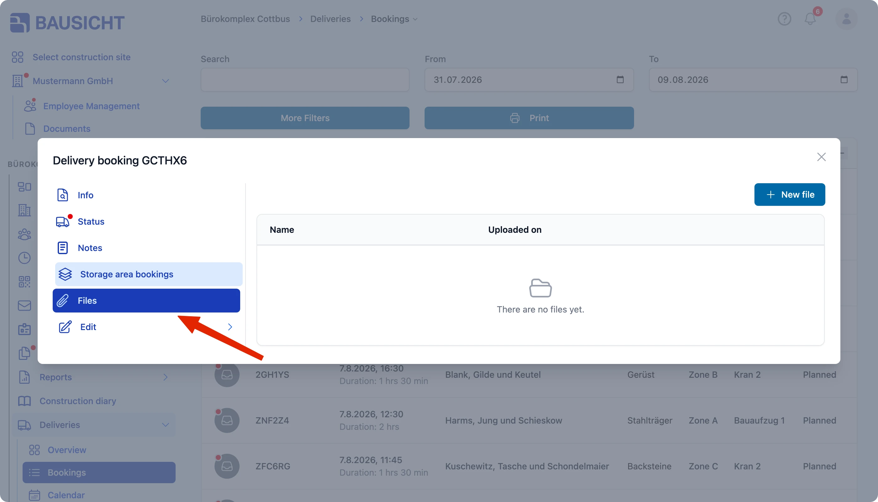 The “Files” tab in the open booking