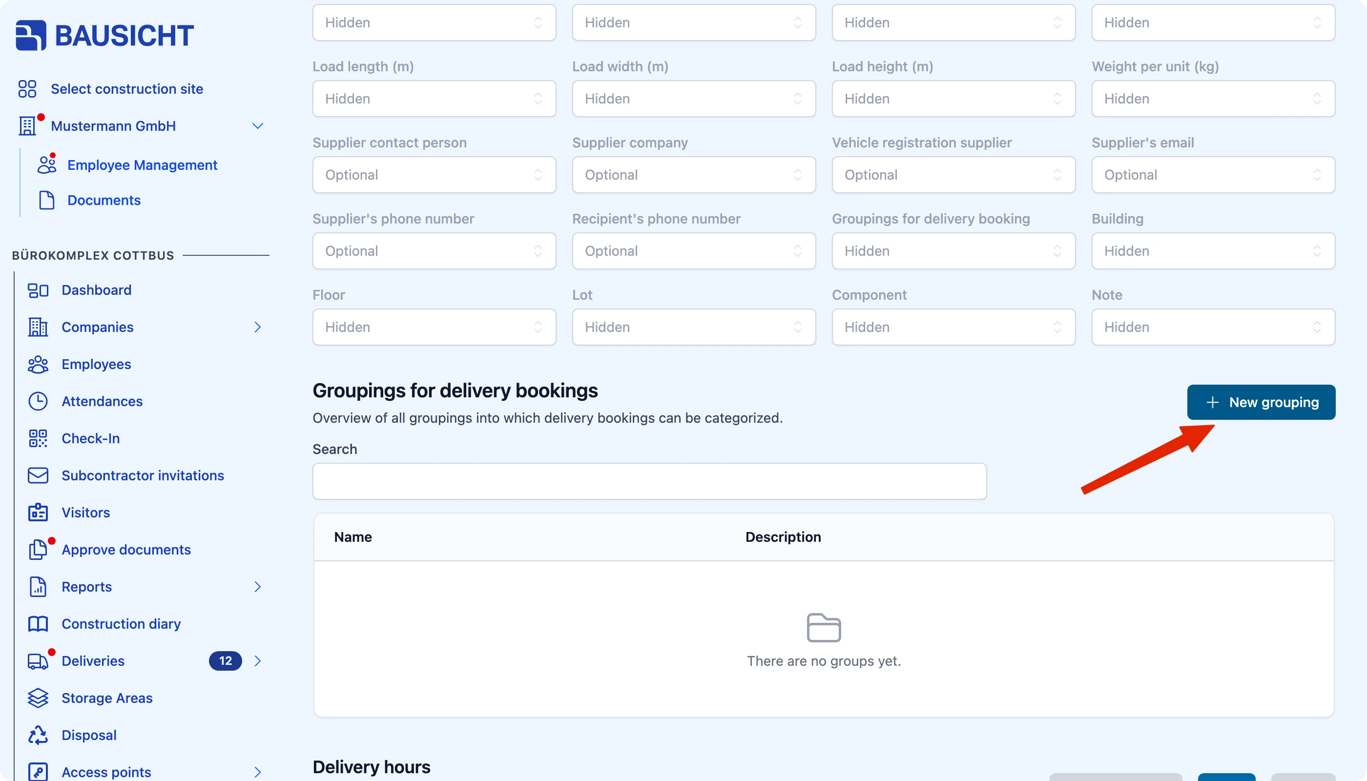 The „Groupings for delivery bookings“ section