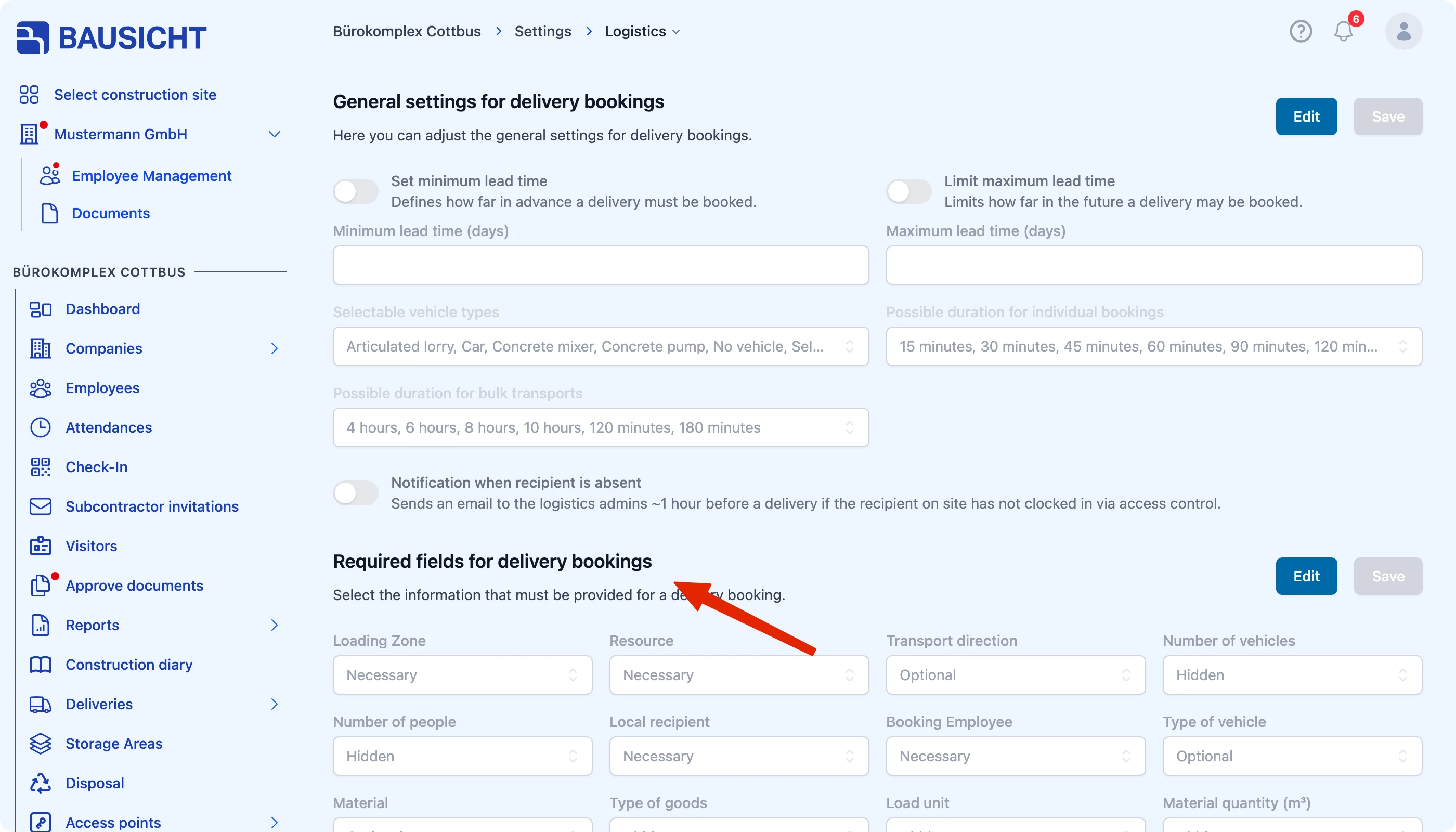 The „Required fields for delivery bookings“ section