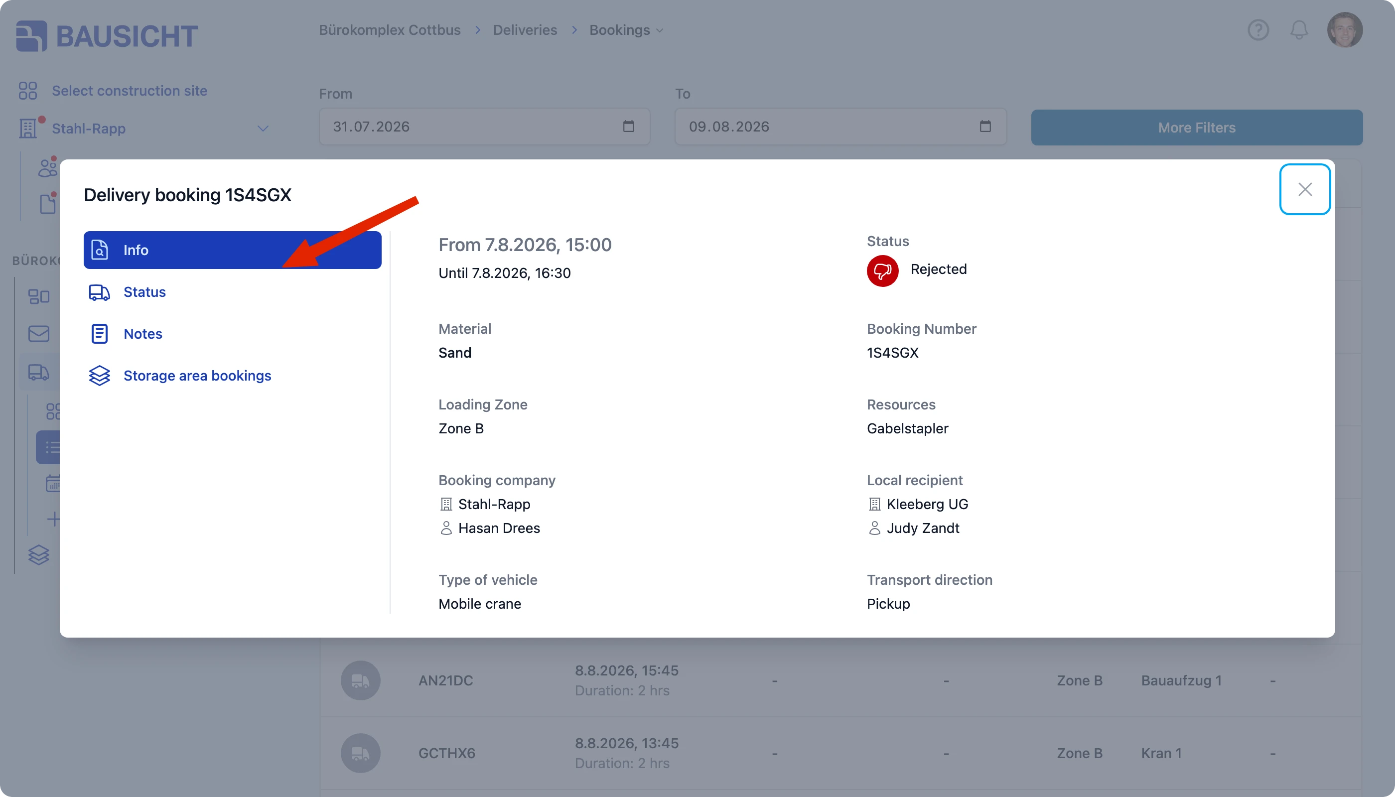 The „Status“ tab in the booking dialog