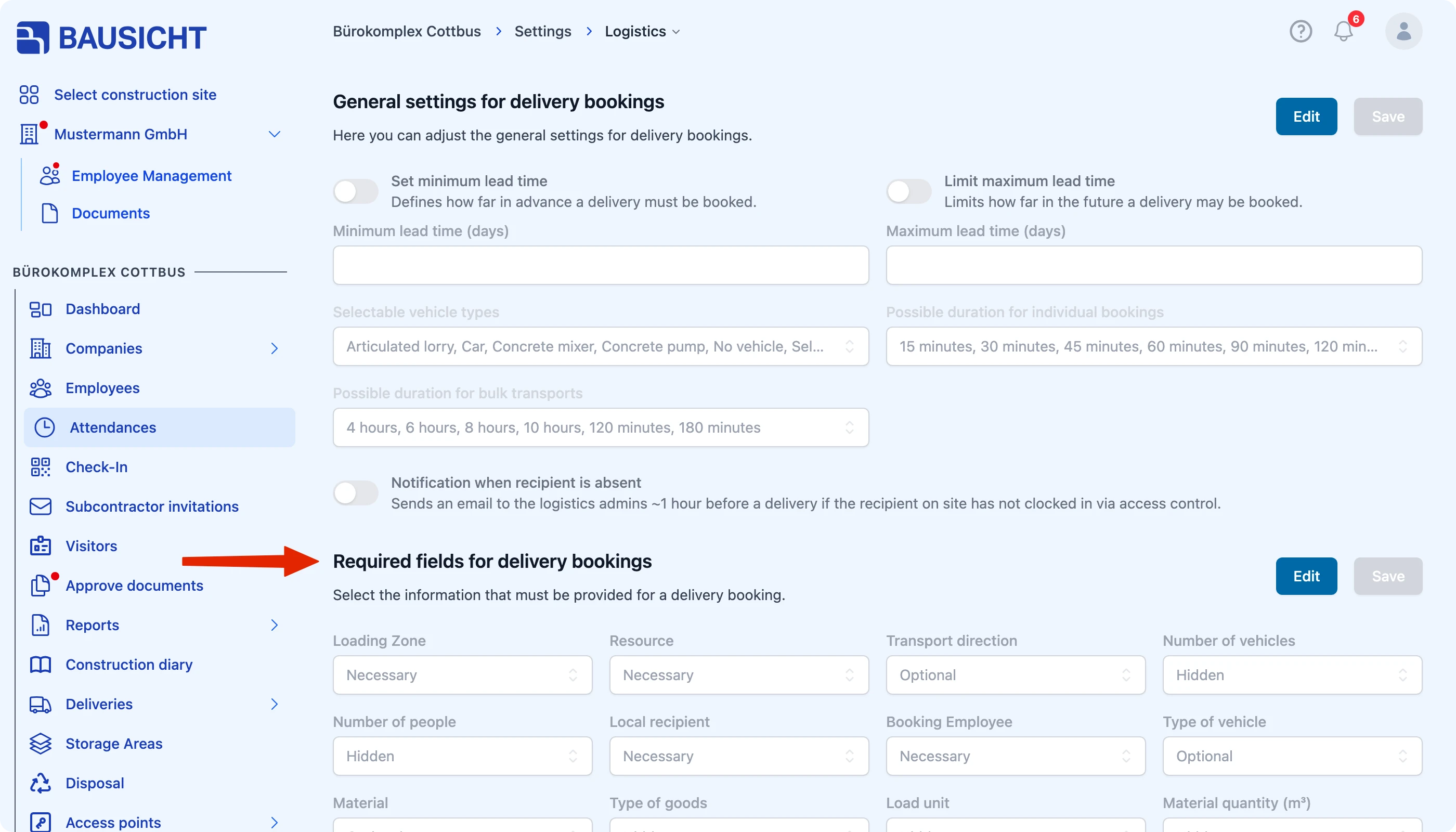 Mandatory fields for delivery bookings section in the logistics settings