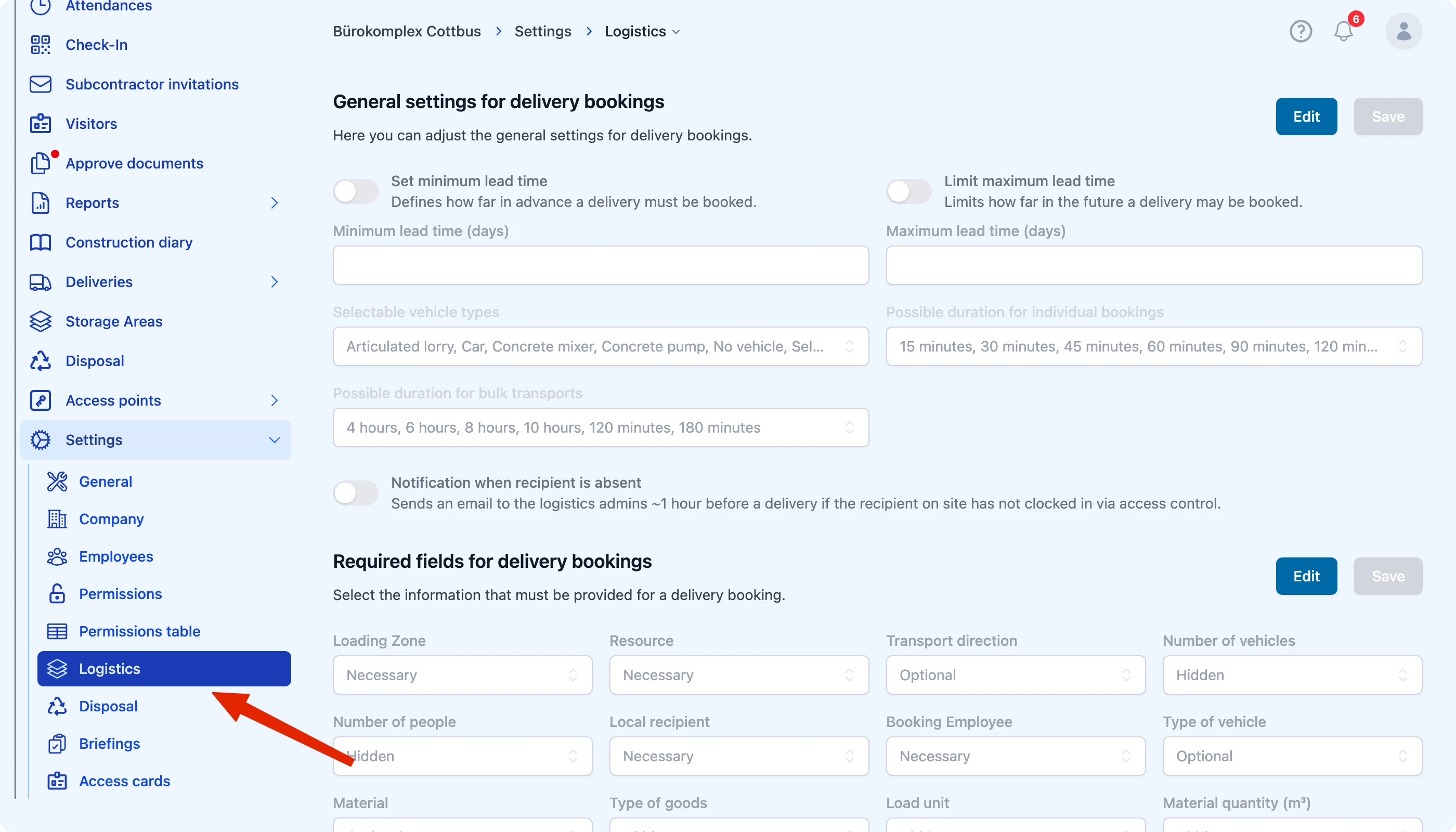 Open Settings → Logistics