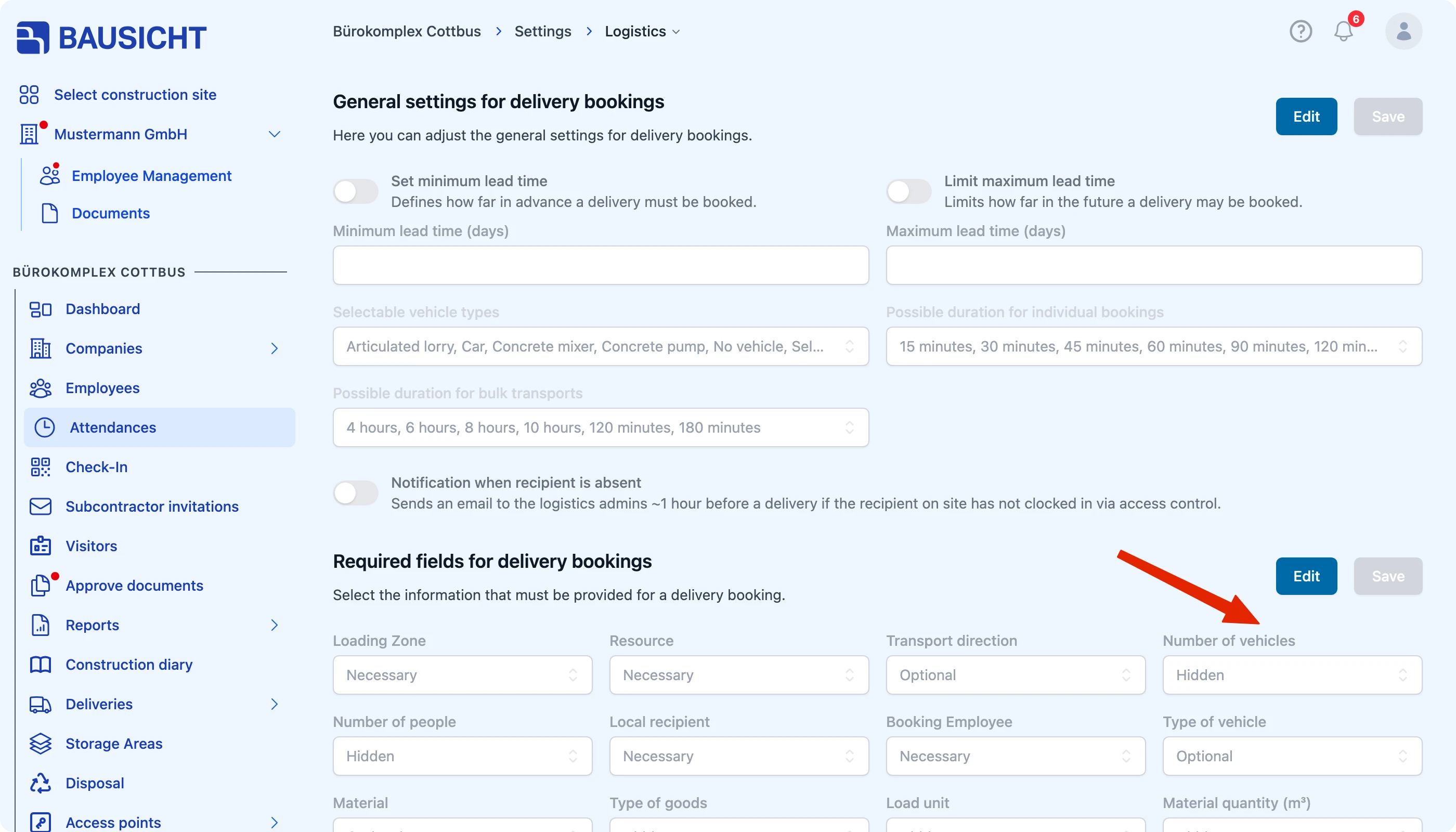 “Number of deliveries” mandatory field in the mandatory fields for delivery bookings