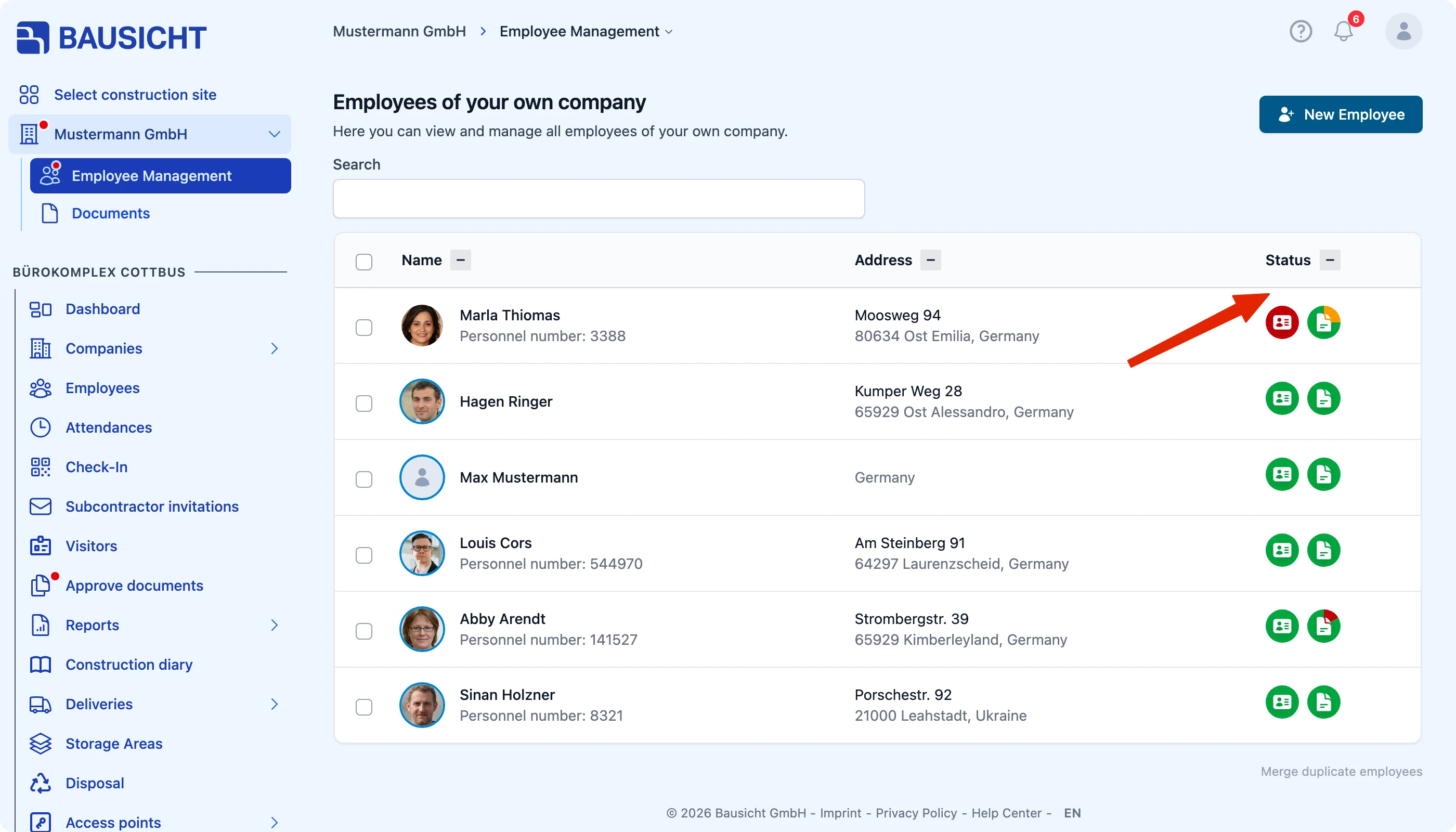 Status column in the list of your own employees
