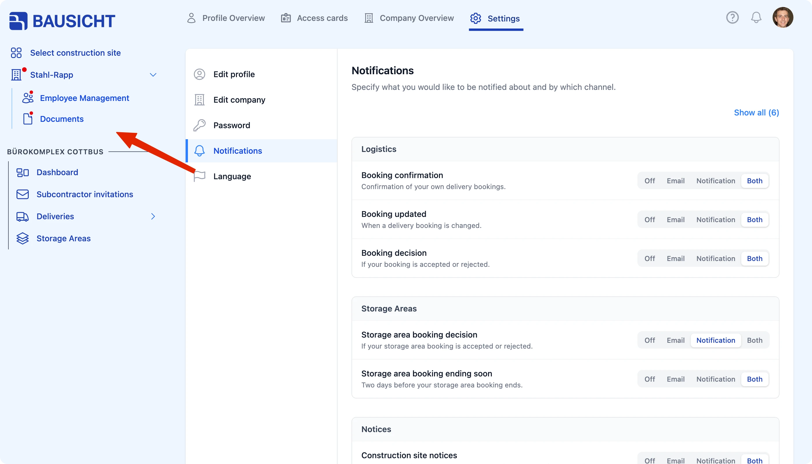 The Notifications area in your personal settings