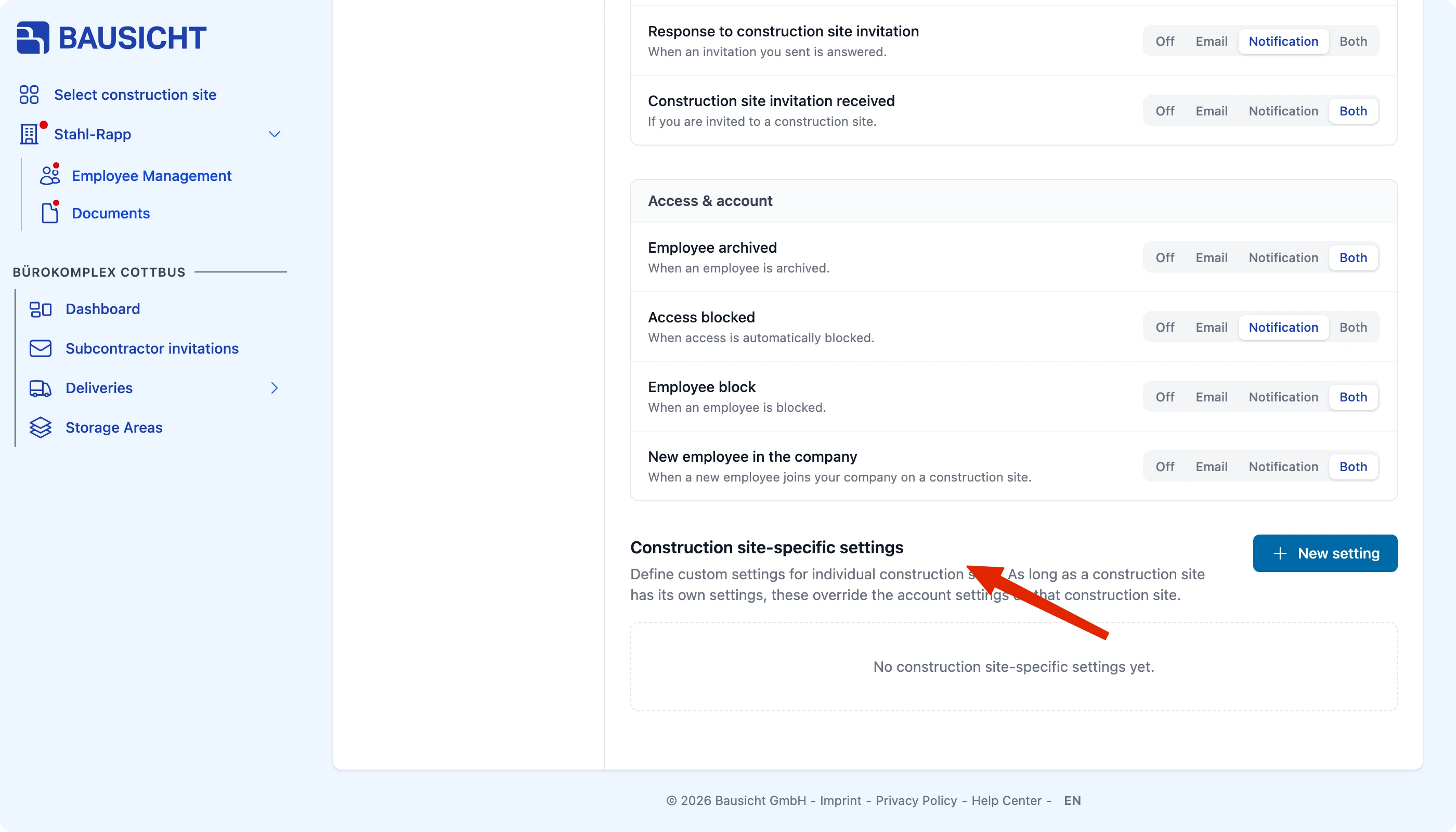 Set notifications per construction site