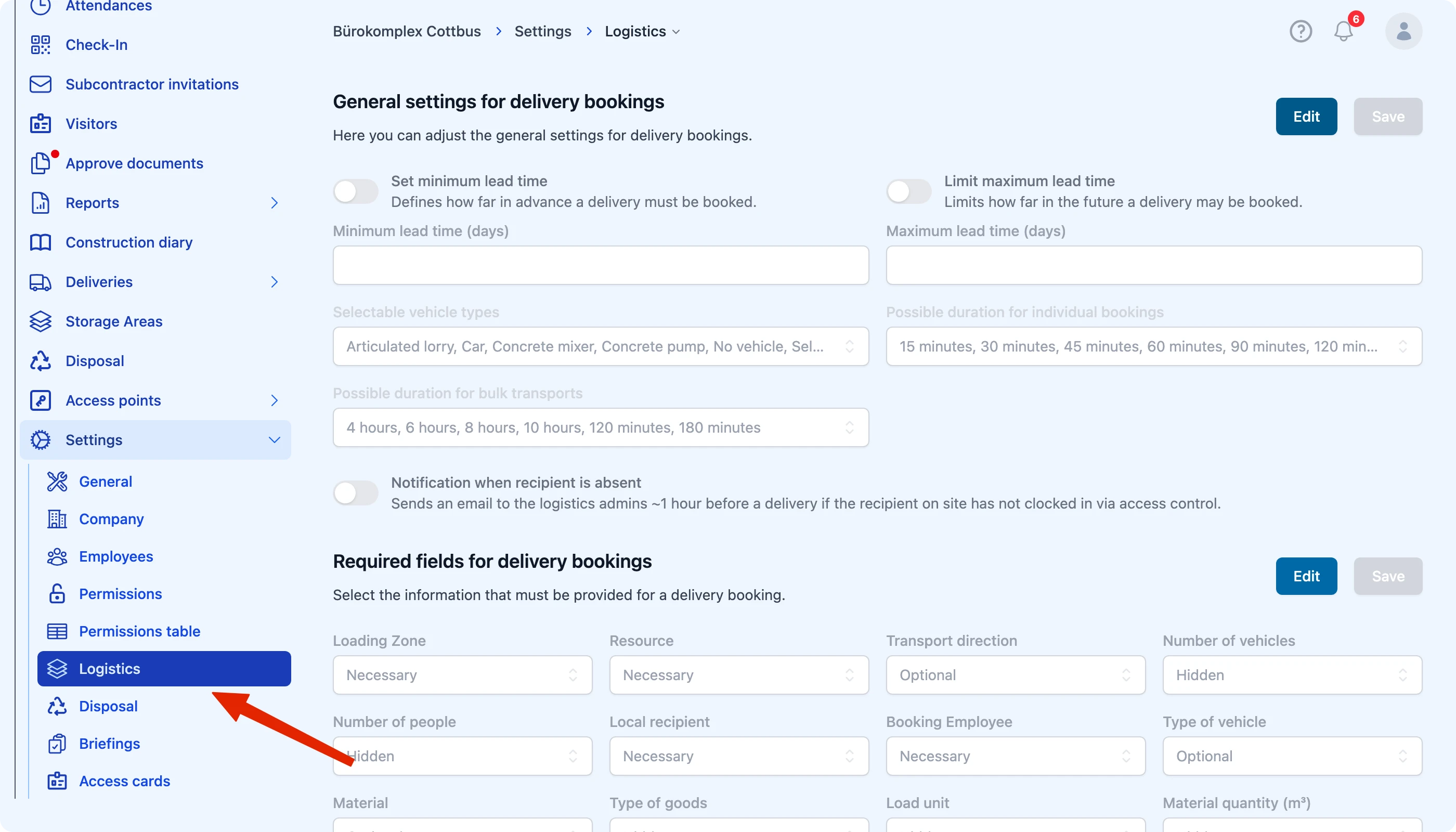 Opening Settings → Logistics